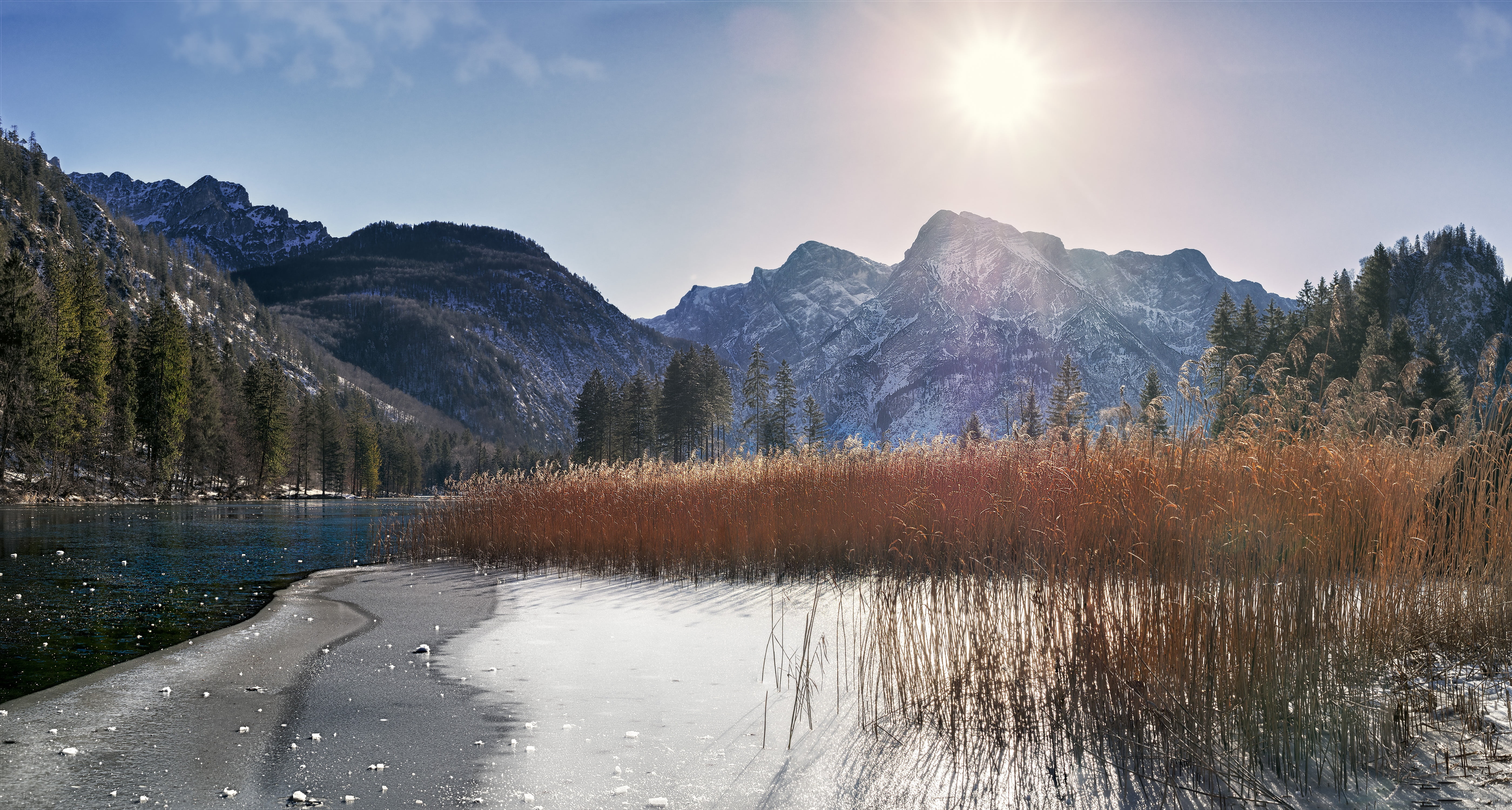 almsee, scenics - nature, sunny, beauty in nature, outdoors, wintry, coniferous tree, frost, mountain, scenics, plants, pine woodland, salzkammergut, lake, HD Wallpaper