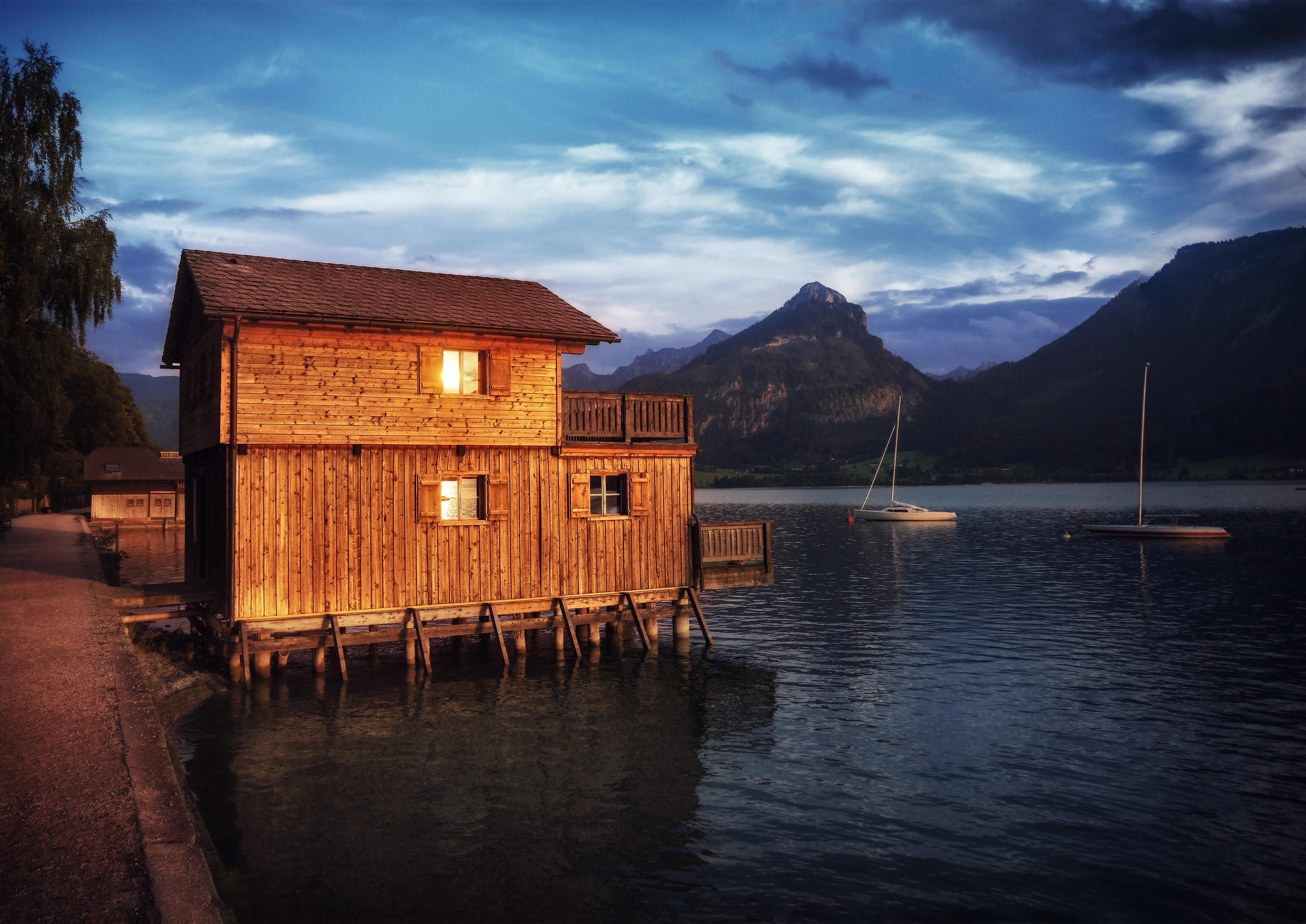 4K, landscape, mountain, sky, outdoors, reflection, salzkammergut, nautical vessel, water, building, built structure, sunset, architecture, no people, HD Wallpaper