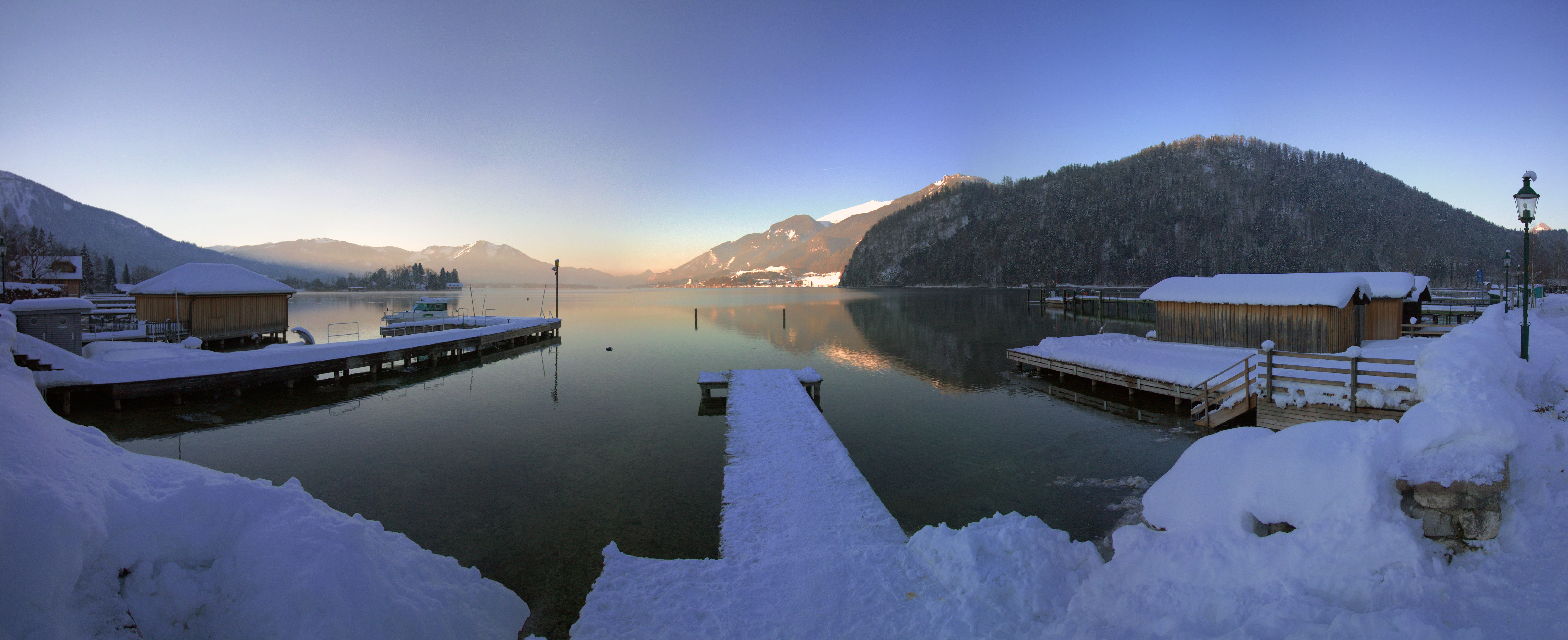 scenics - nature, web, outdoors, snow, waters, sunset, cold temperature, nature, sky, lake wolfgang, tranquil scene, salzkammergut, environment, landscape, HD Wallpaper