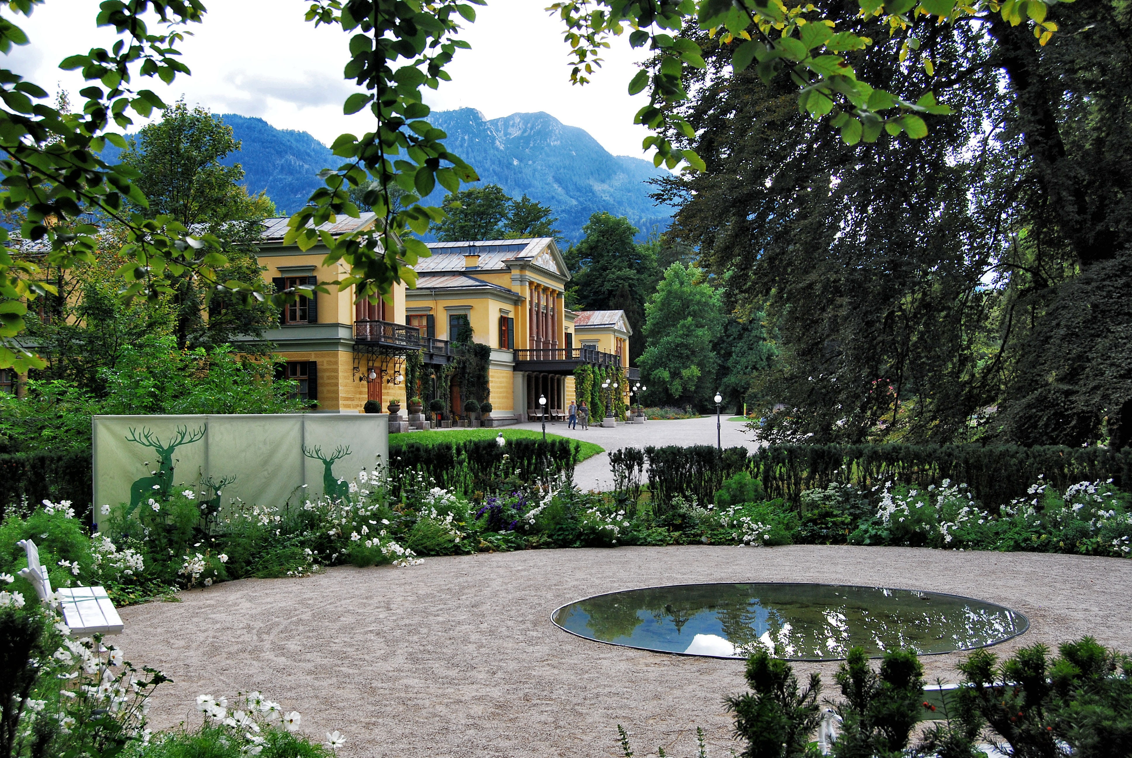 no people, swimming pool, growth, architecture, reflection, plant, tree, exhibition, park, building, house, mountain, bad ischl, green color, flowing water, HD Wallpaper