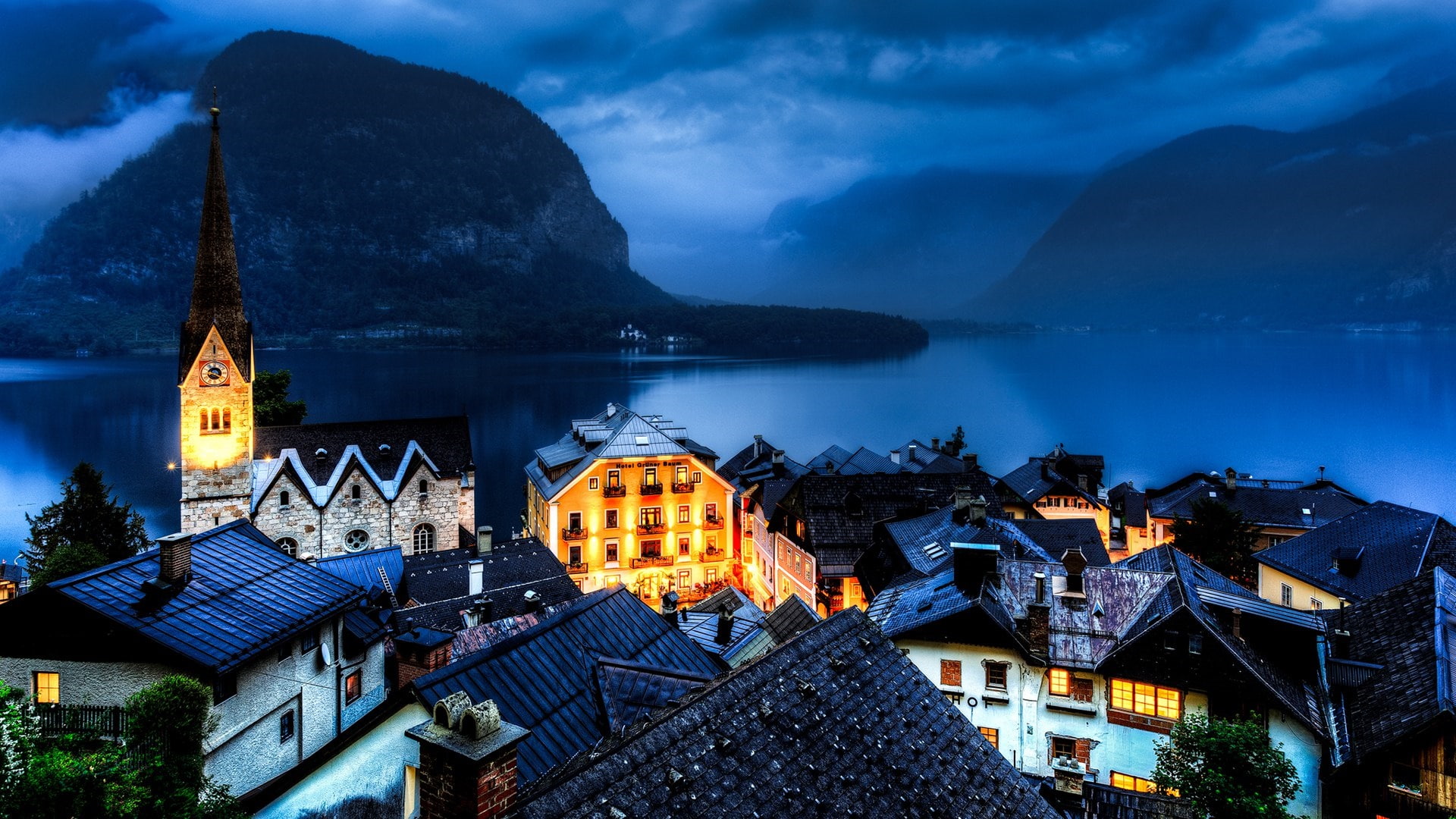 europe, night, evening, 1080P, mountain, hallstatt, austria, alps, salzkammergut, town, dusk, HD Wallpaper