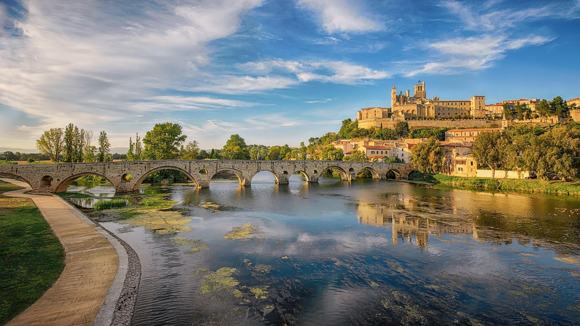 cloud, travel destinations, history, connection, cloud - sky, no people, sunny, tourist attraction, reflection, water, 1080P, landscape, arch bridge, building, HD Wallpaper