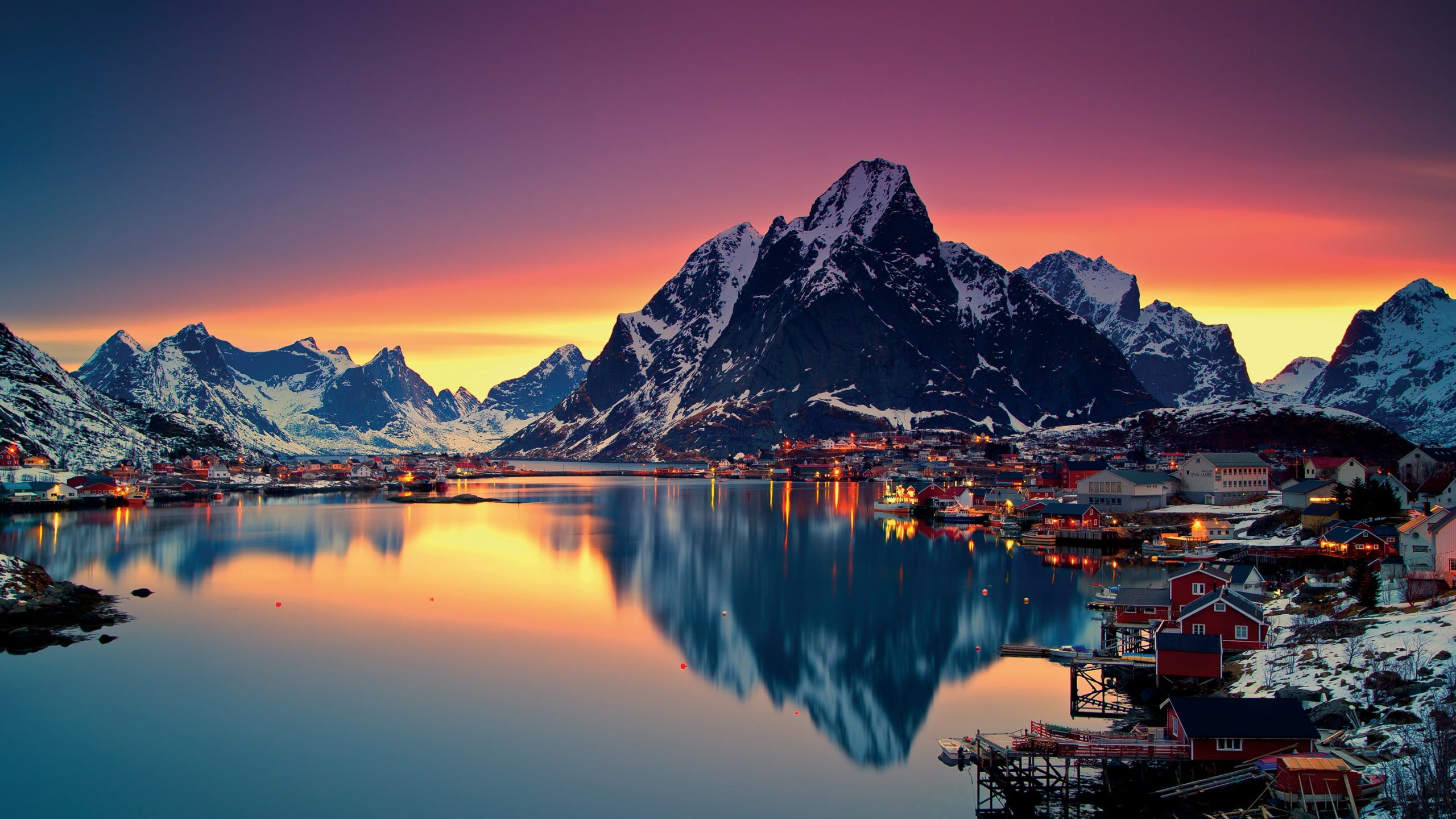 environment, reflection, sunset, mountain, water, snowcapped mountain, cold temperature, beauty in nature, lake, Norway, tranquility, architecture, mountain peak, HD Wallpaper