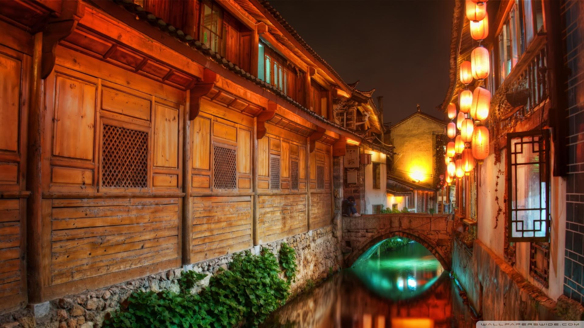 city, canal, hdr, illustration, lijiang, 1080P, night, nature and landscapes, bridge, lights, canals, houses, village, HD Wallpaper