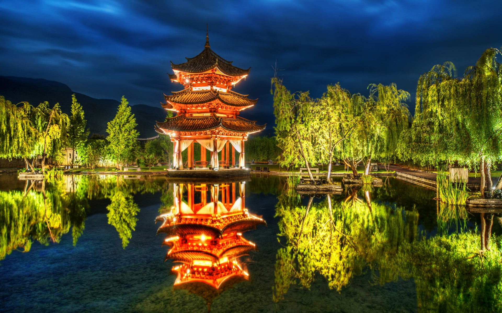 lijiang, reflection, park, trees, 1080P, pagoda, pond, china, HD Wallpaper