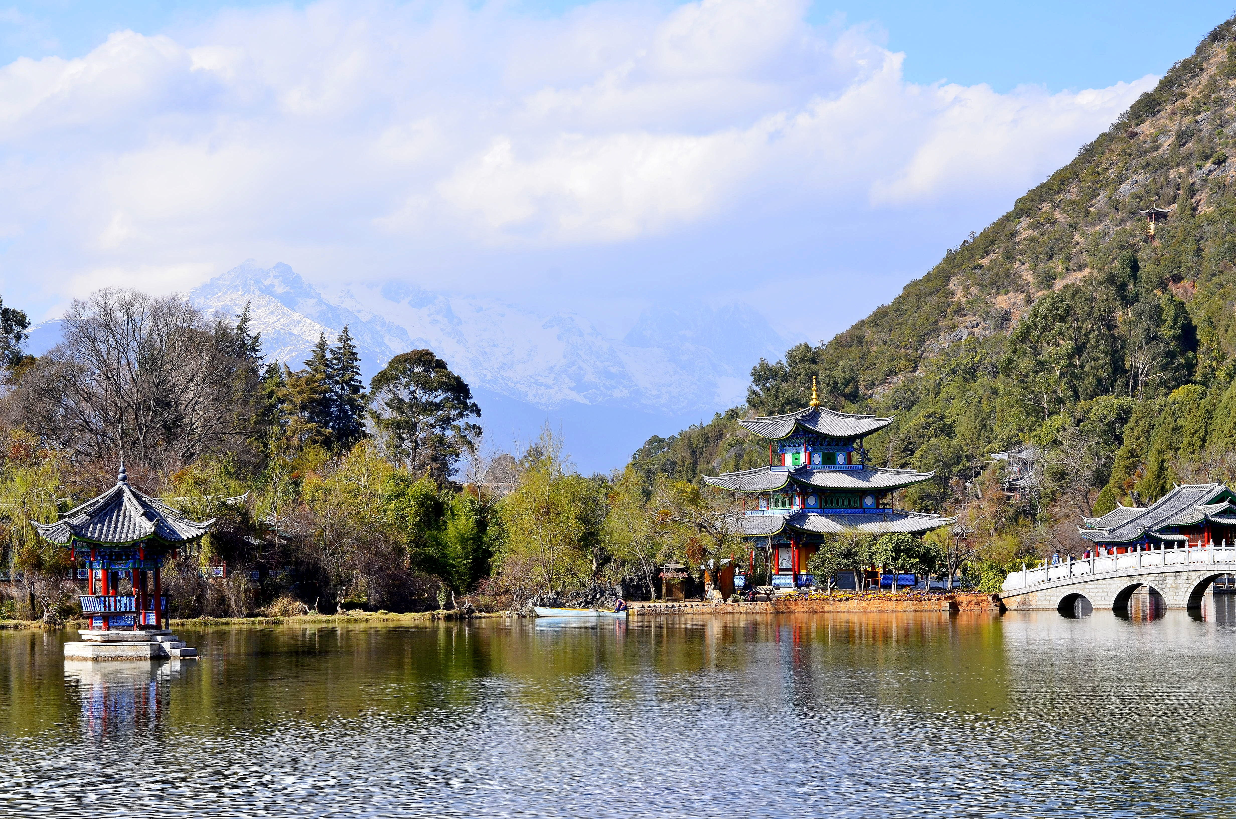tourism, no people, plant, cloud - sky, tours, nature, lijiang, temple, tree, mountains, china, day, reflection, yunan, person, travel, 4K, built structure, HD Wallpaper