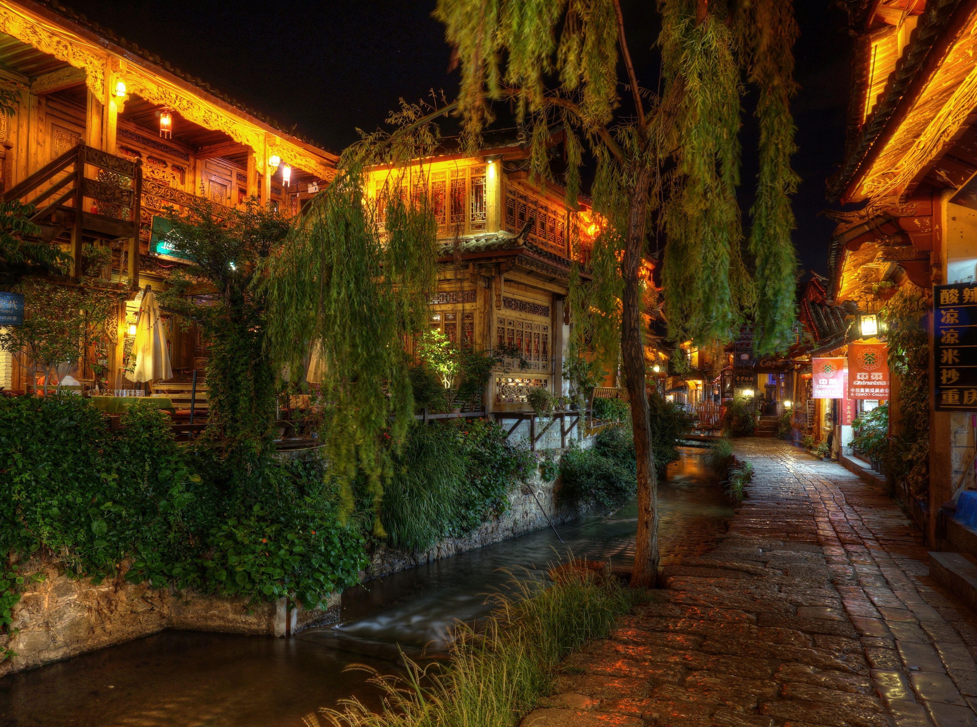 canal, lijiang, night, China, plant, built structure, leafed, city, water, outdoors, direction, building exterior, no people, Asia, 4K, building, lighting equipment, HD Wallpaper