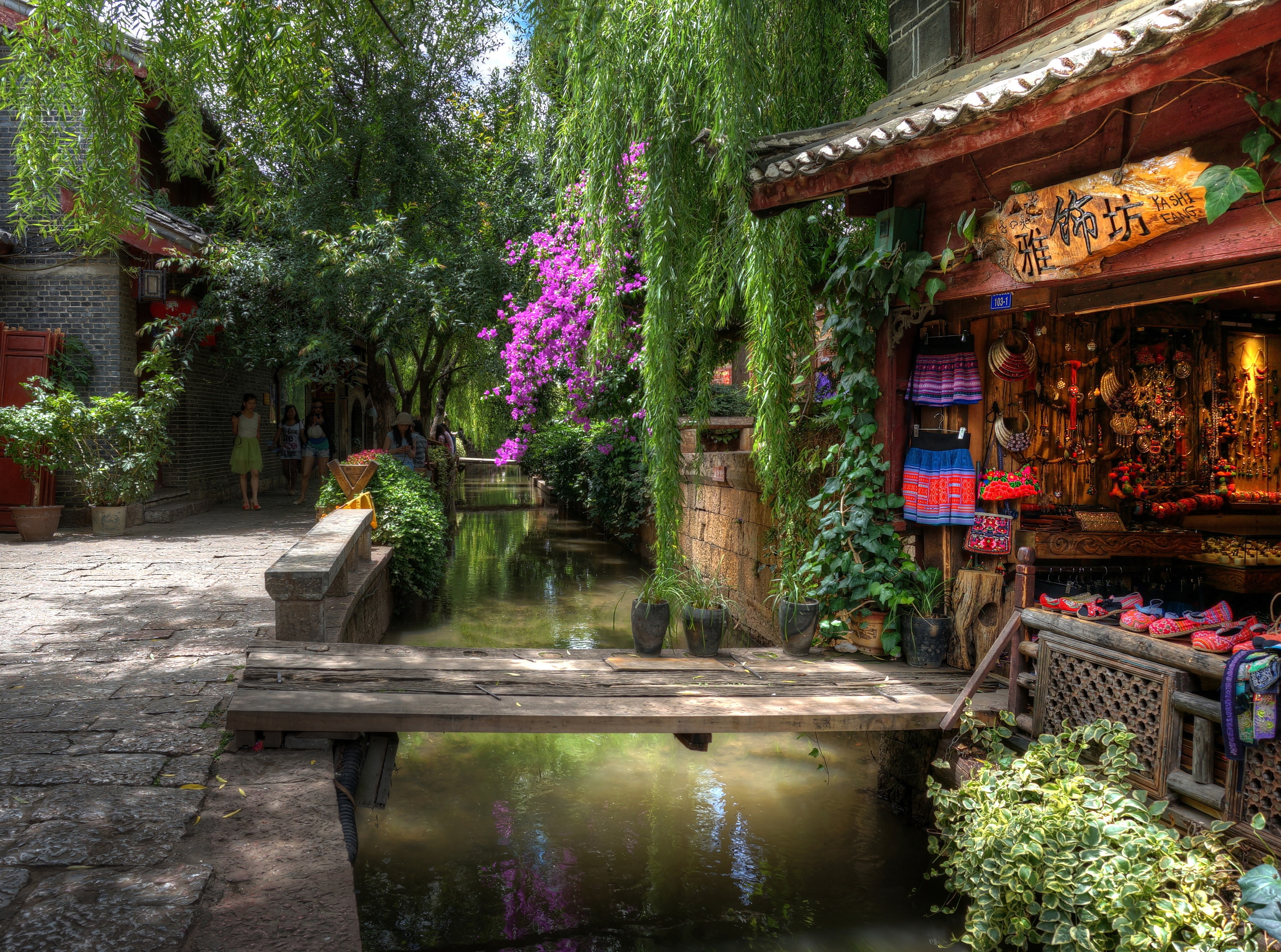 lake, flowering plant, no people, reflection, purple, sunny, nature, lijiang, architecture, water, growth, built structure, plant, 4K, outdoors, China, HD Wallpaper