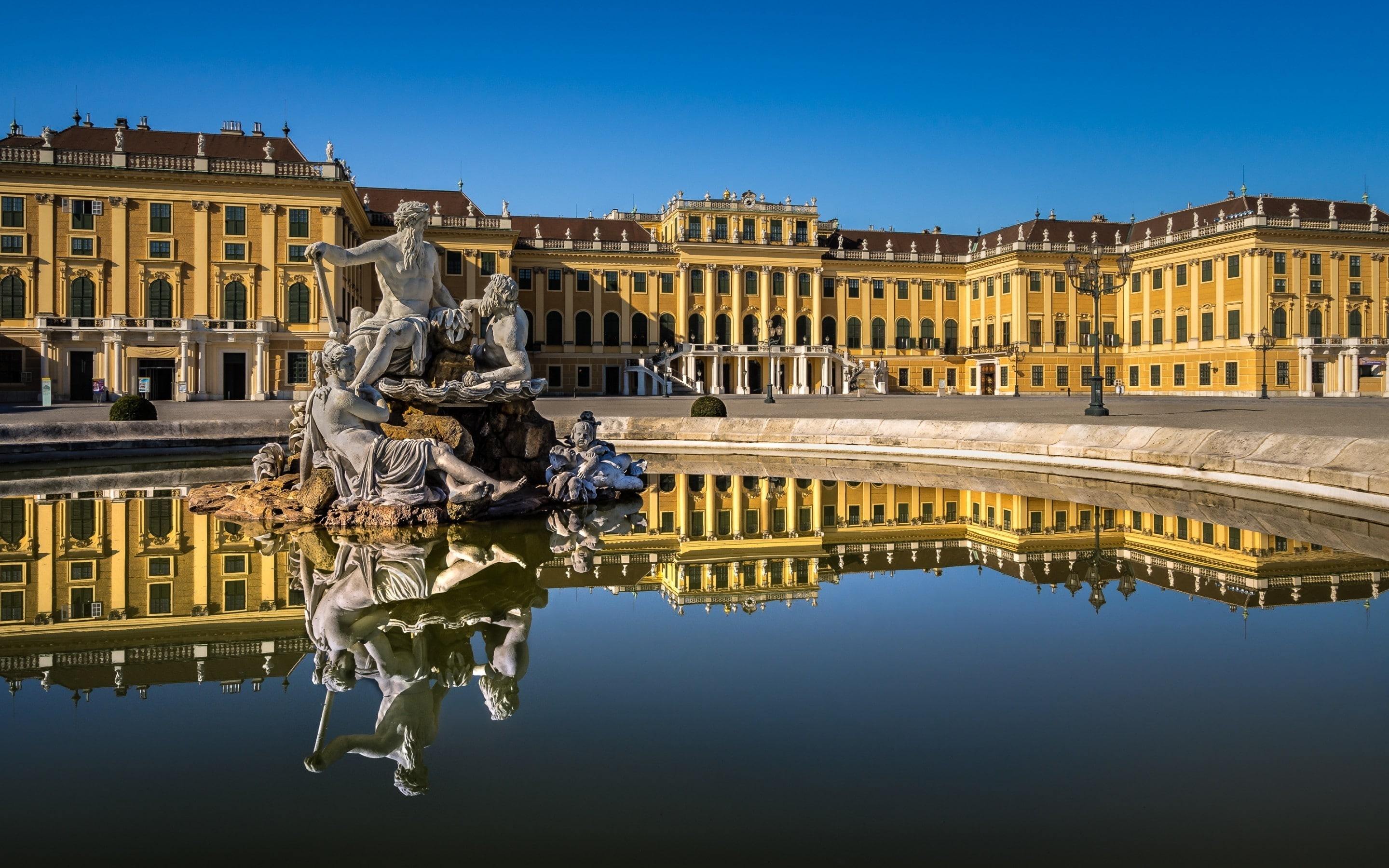 fountain, men, outdoor, view, palace, austria, statue, Schonbrunn, 2K, HD Wallpaper