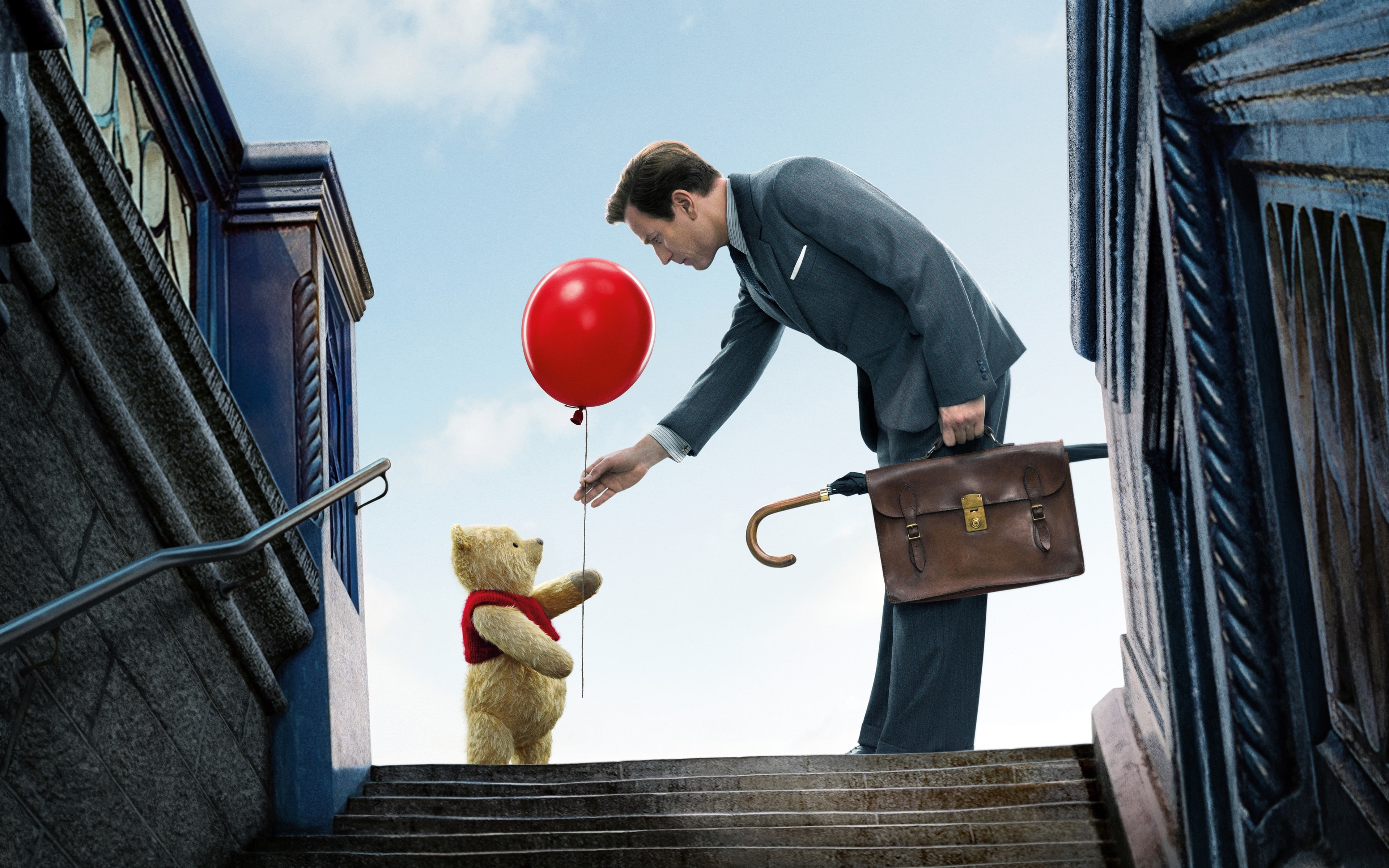 christopher, 4K, real people, poster, men, built structure, milne, low angle view, casual clothing, k, suit, architecture, outdoors, standing, robin, balloon, HD Wallpaper