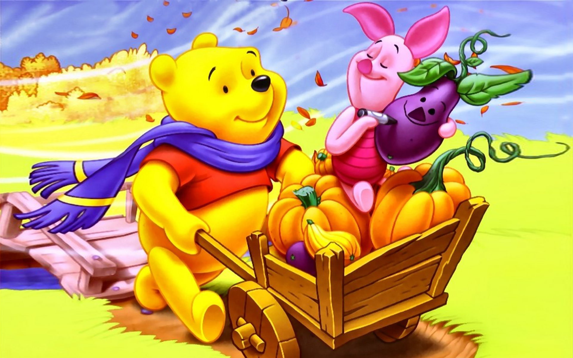 harvest, autumn, winnie, fruit, piglet, 1080P, pooh, hd, HD Wallpaper