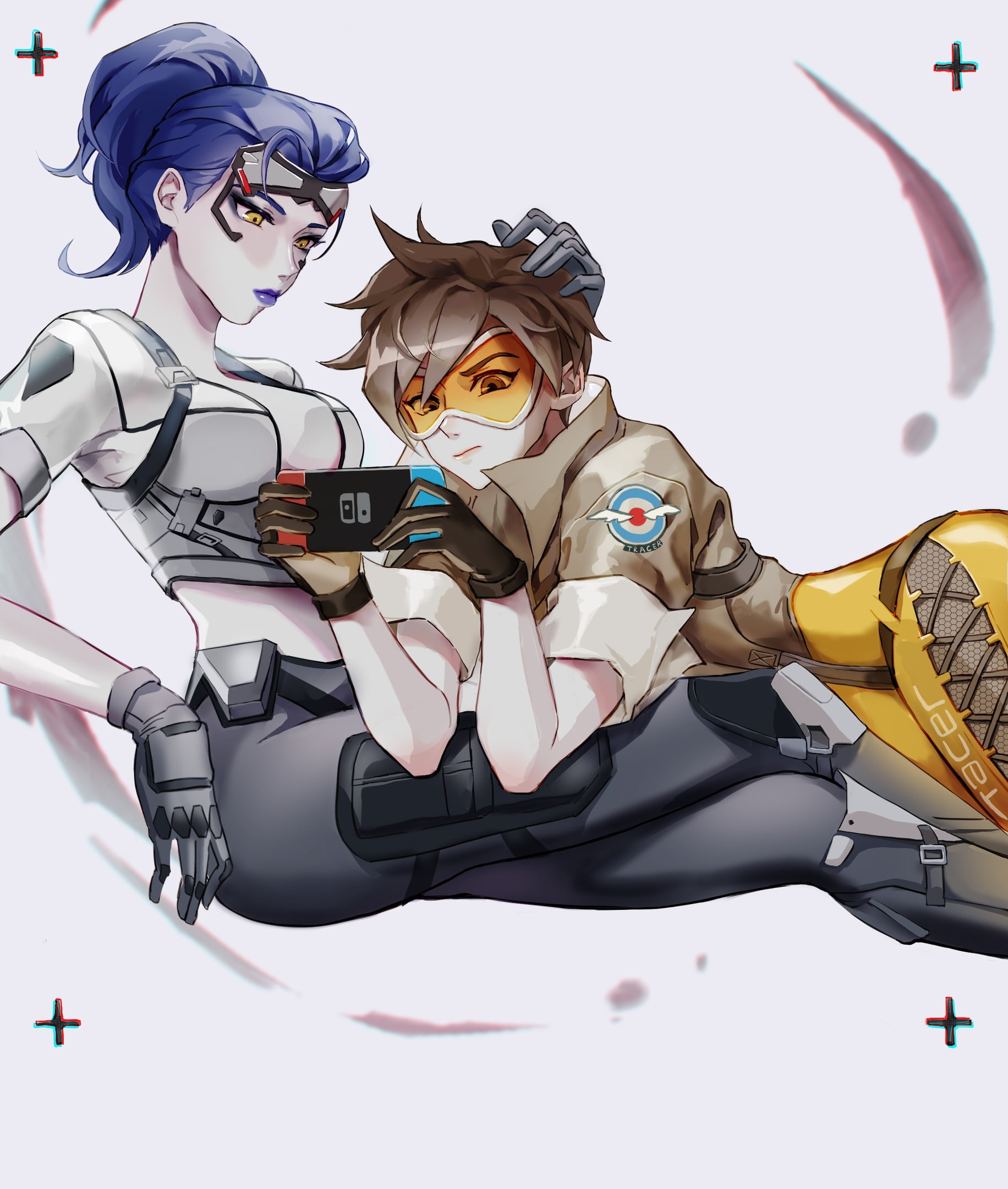 Nintendo, artwork, video game girls, digital art, Blizzard Entertainment, Widowmaker (Overwatch), brunette, Tracer (Overwatch), blue hair, Nintendo Switch, Phone HD Wallpaper