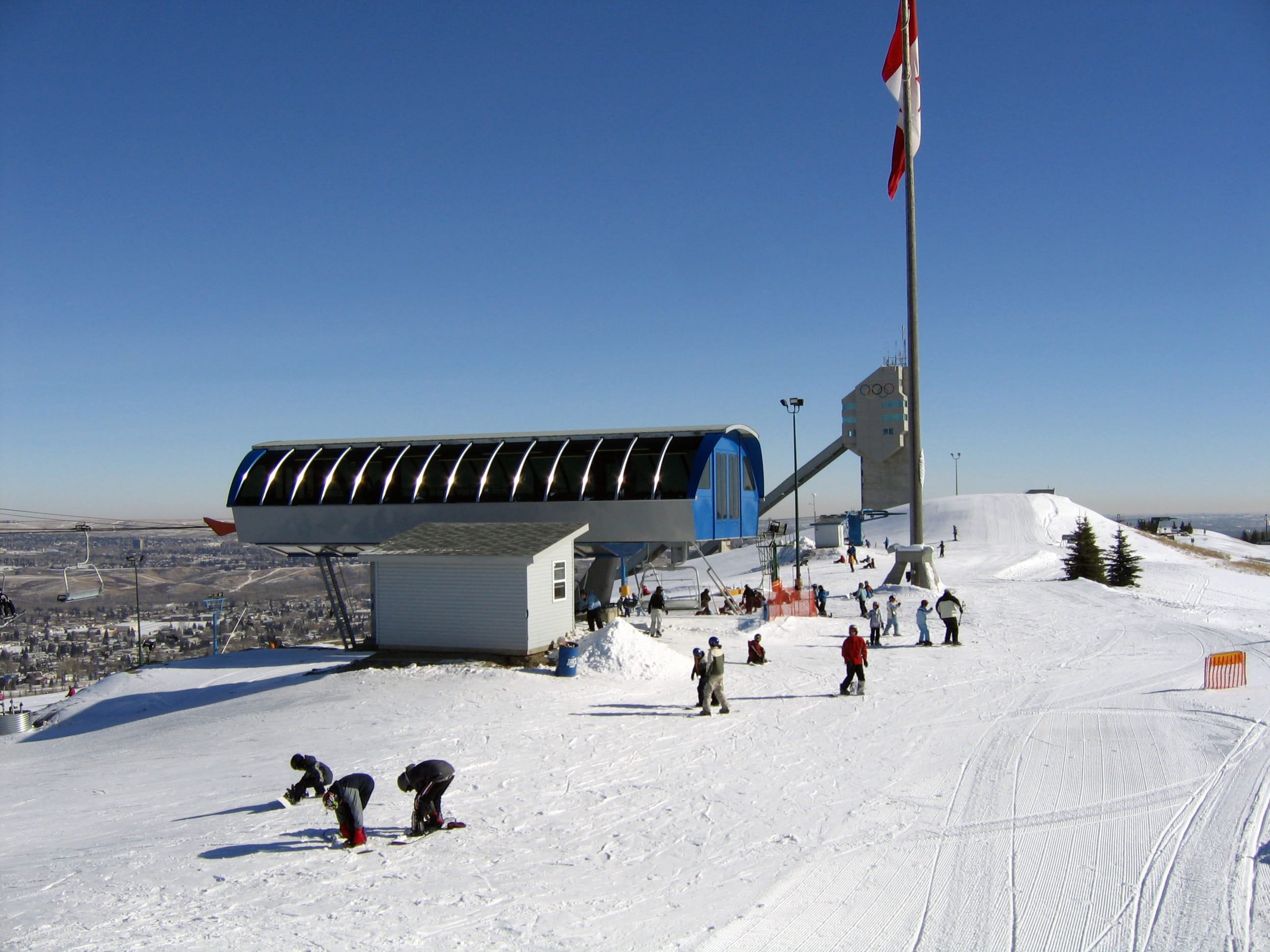 day, sport, travel, 2K, blue, olympic, frozen, cold - Temperature, sunny, vacations, Canada Olympic Park, canada, building exterior, clear sky, ski Slope, HD Wallpaper
