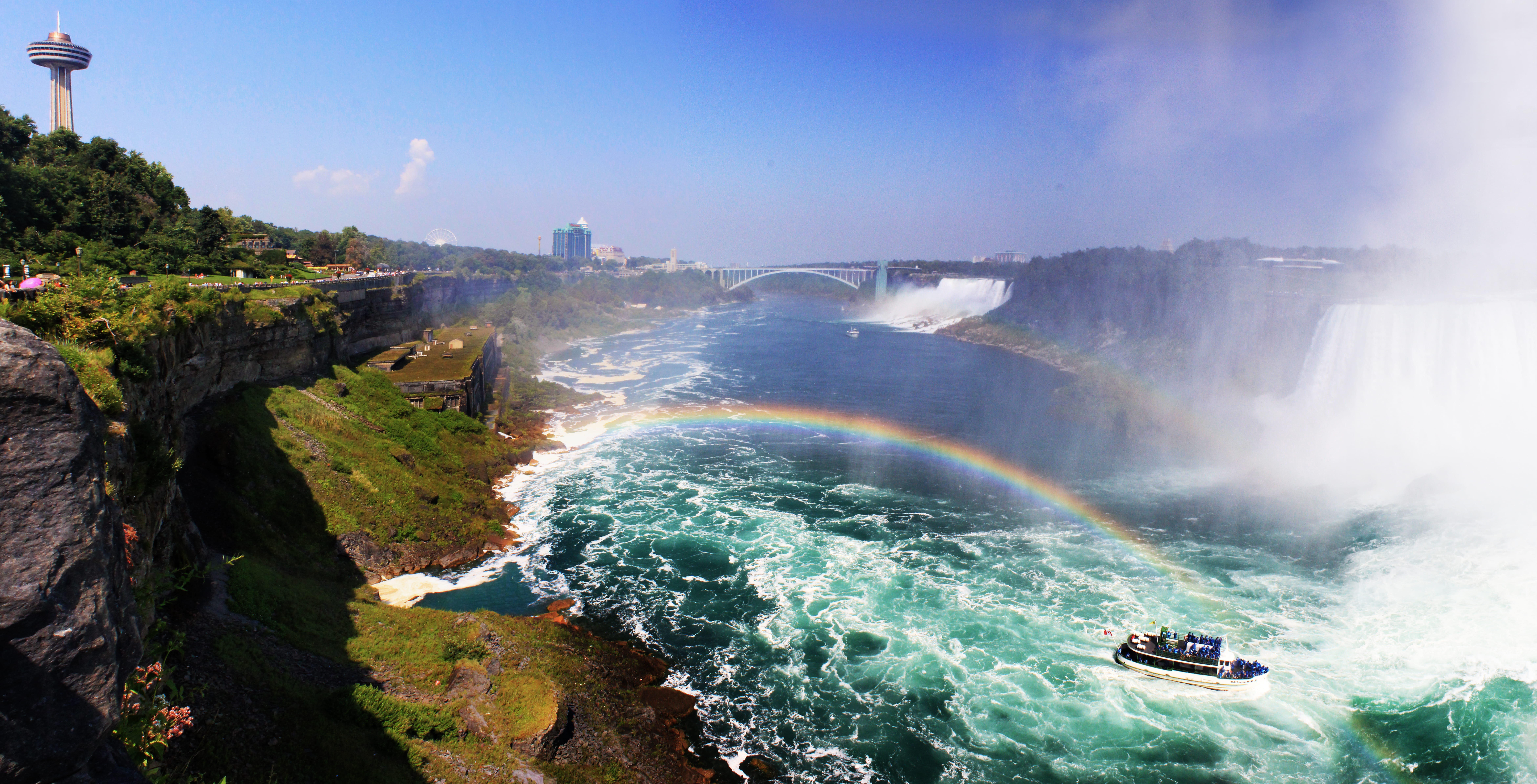 sea, power in nature, land, day, boat, beauty in nature, scenics - nature, 8K, rainbow, ontario, flowing water, travel destinations, rock - object, waterfall, HD Wallpaper