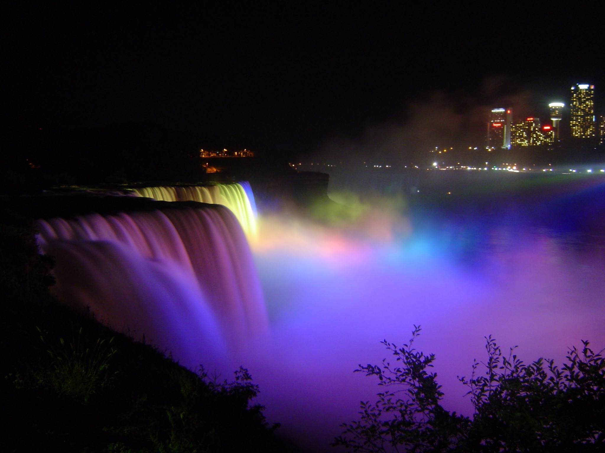 landscape, glowing, falls, mist, scenic, 1080P, light, tourist, building exterior, landmark, illuminated, flowing water, river, built structure, sky, multi colored, HD Wallpaper