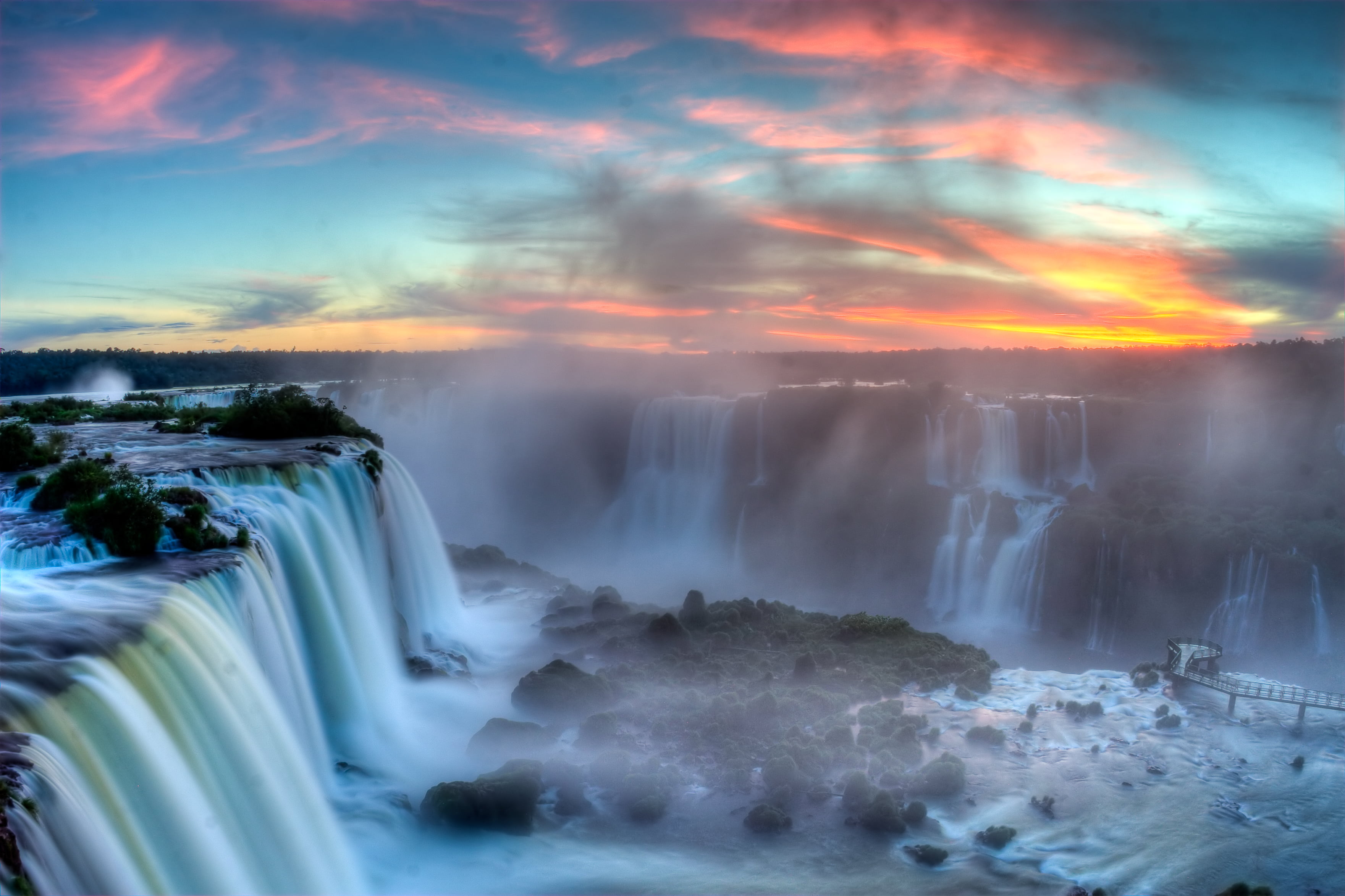 sky, landscape, waterfalls, niagara Falls, 2K, orange and blue, river, Sunset, waterfall, nature, orange, blue, scenics, blue sky, HDR, Iguazu  Falls, HD Wallpaper