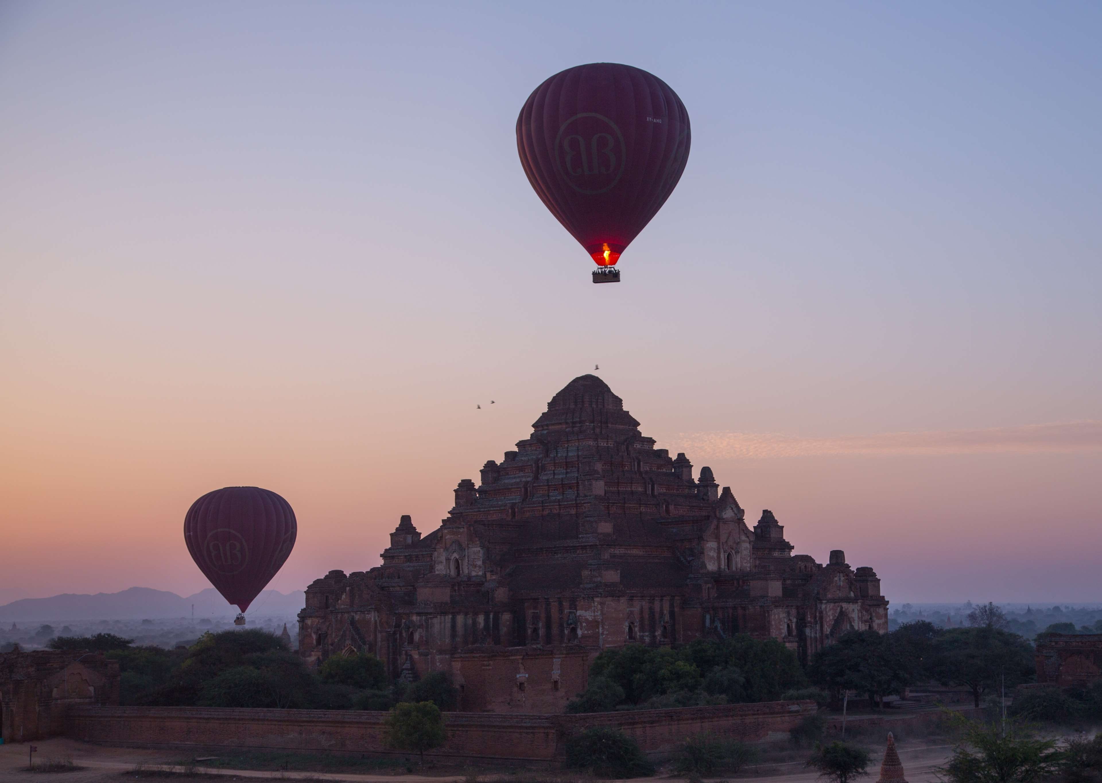 ancient, outdoors, hot air balloon, history, ancient civilization, building exterior, travel, nature, travel destinations, transportation, bagan, sunset, HD Wallpaper