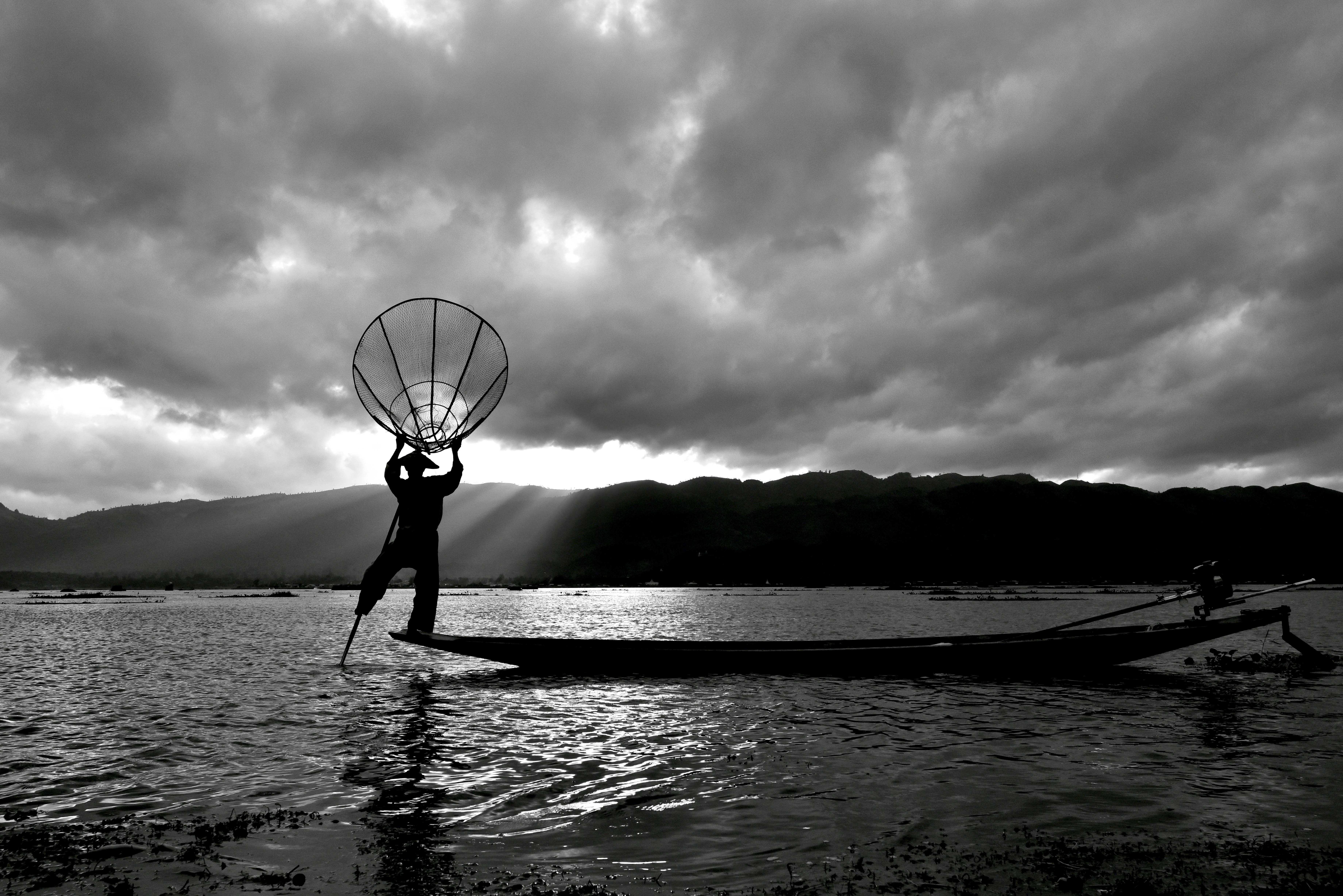 traditional, worker, isolation, myanmar, bw, scenics - nature, waterfront, standing, lake, silhouette, asia, real people, nautical vessel, fisherman, outdoors, HD Wallpaper