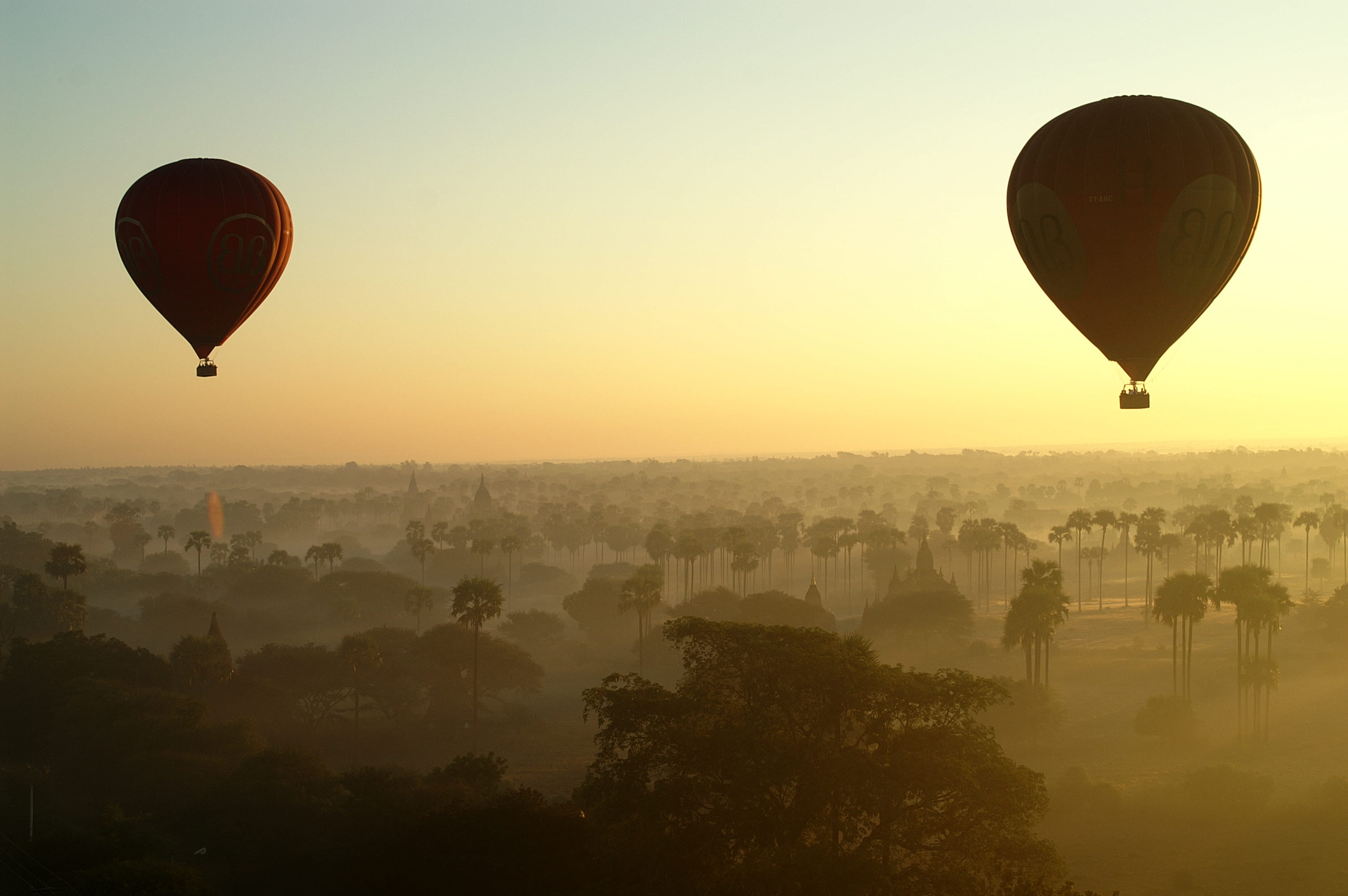 no people, weather, sky, built structure, building exterior, travel destinations, transportation, sphere, tree, hot air balloon, fog, mode of transportation, HD Wallpaper
