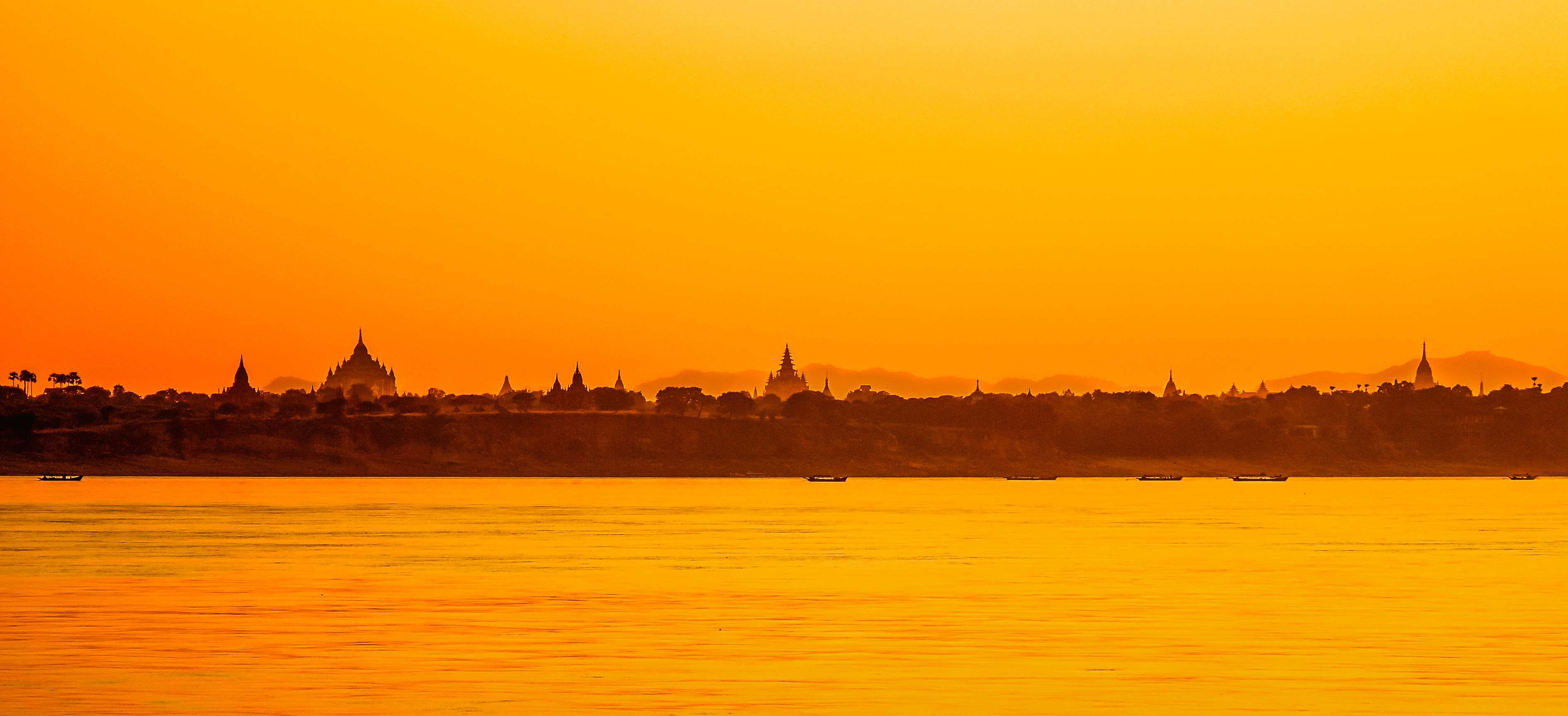 burma, built structure, architecture, sunset, bagan, water, cityscape, myanmar, travel destinations, no people, temple, 2K, nautical vessel, pagoda, building, HD Wallpaper