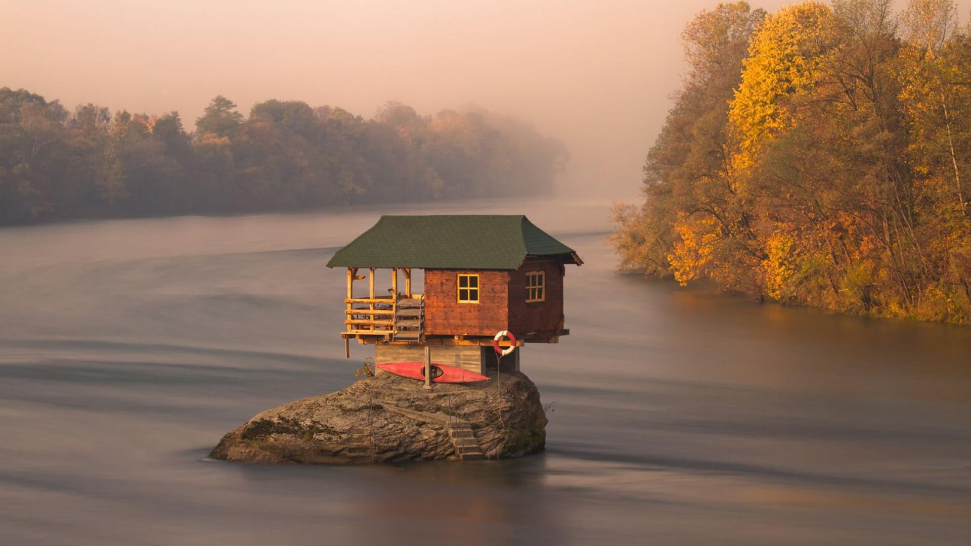 brown, cabin, nature and landscapes, rock, kayak, wooden, house, location, river, mist, 1080P, sebia, HD Wallpaper