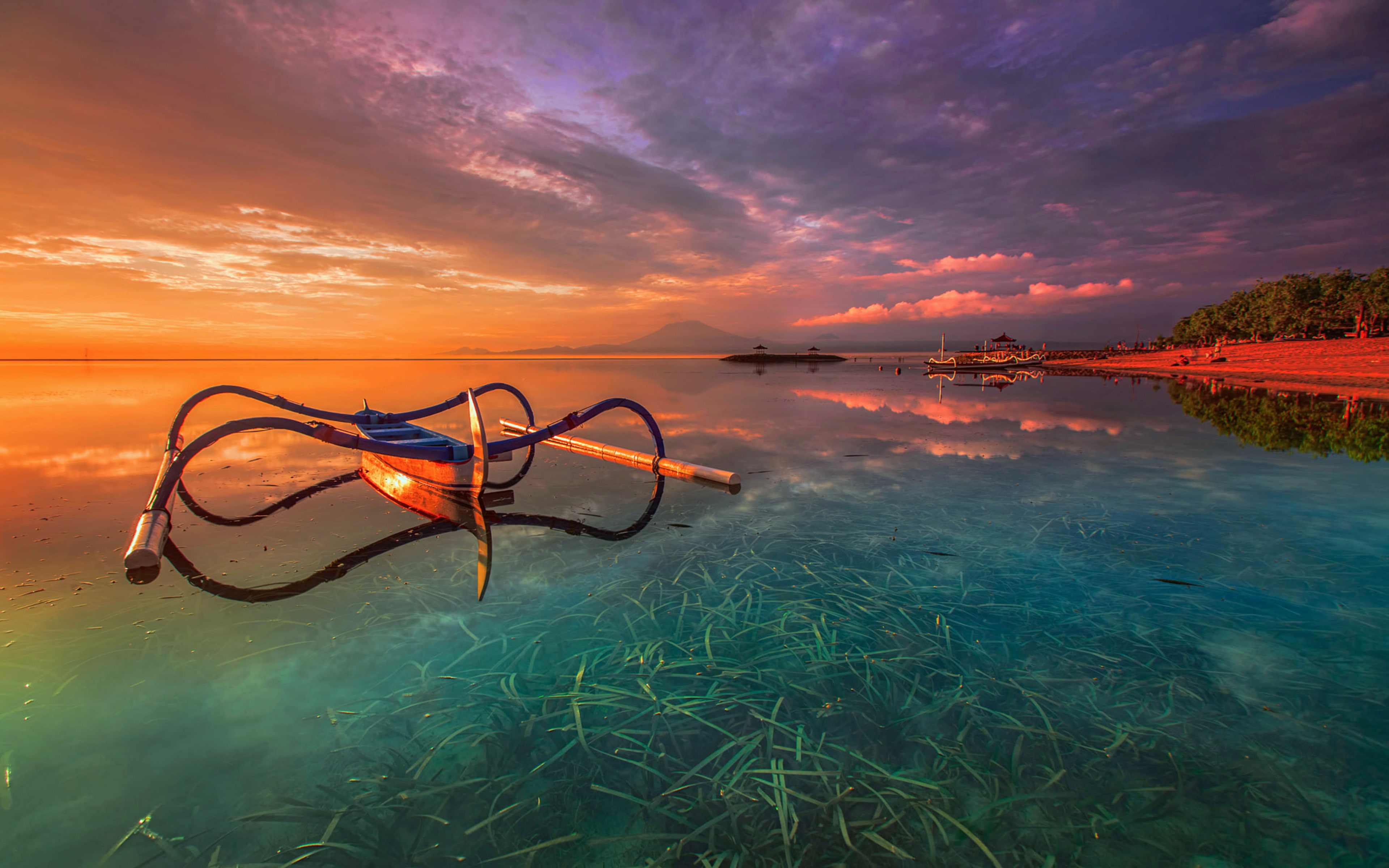 4K, water, bali, sea, mobile, pc, tablet, boat, khanprosire, orange, sunset, grass, desktop, indonesia, hd, HD Wallpaper