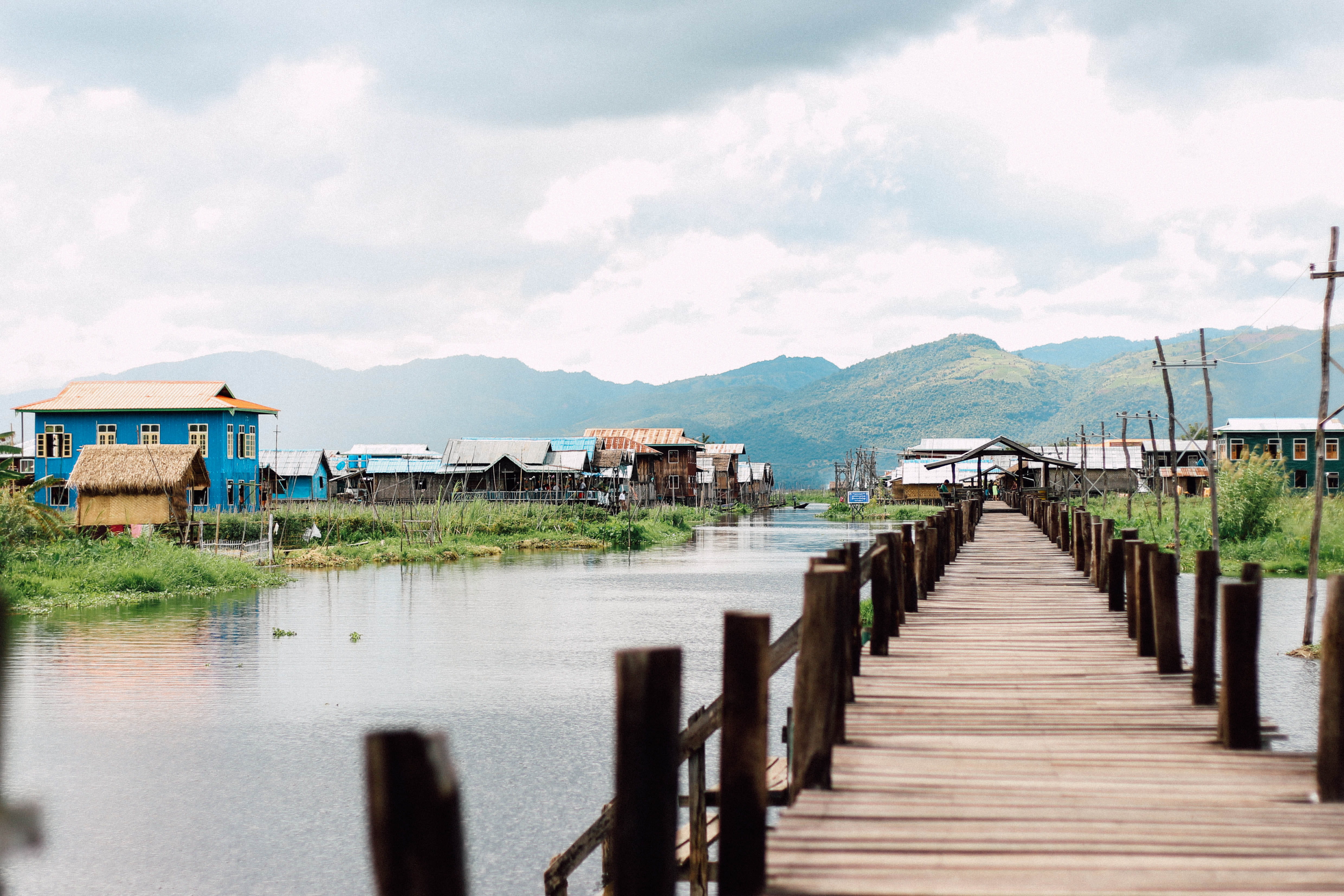 tranquility, 4K, nature, village, travel, travel destinations, day, no people, wood - material, naung shwe, nyaungshwe, sky, myanmar, landscape, lake, HD Wallpaper