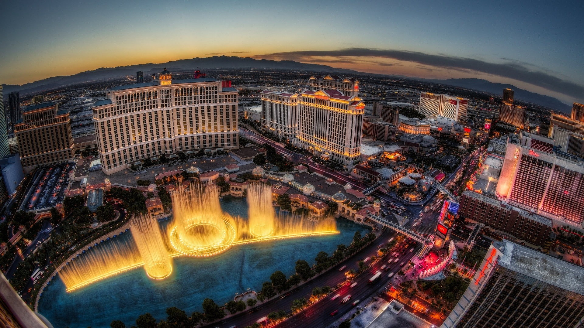 birds eye view, cityscape, 1080P, city, USA, Las Vegas, fountain, HD Wallpaper