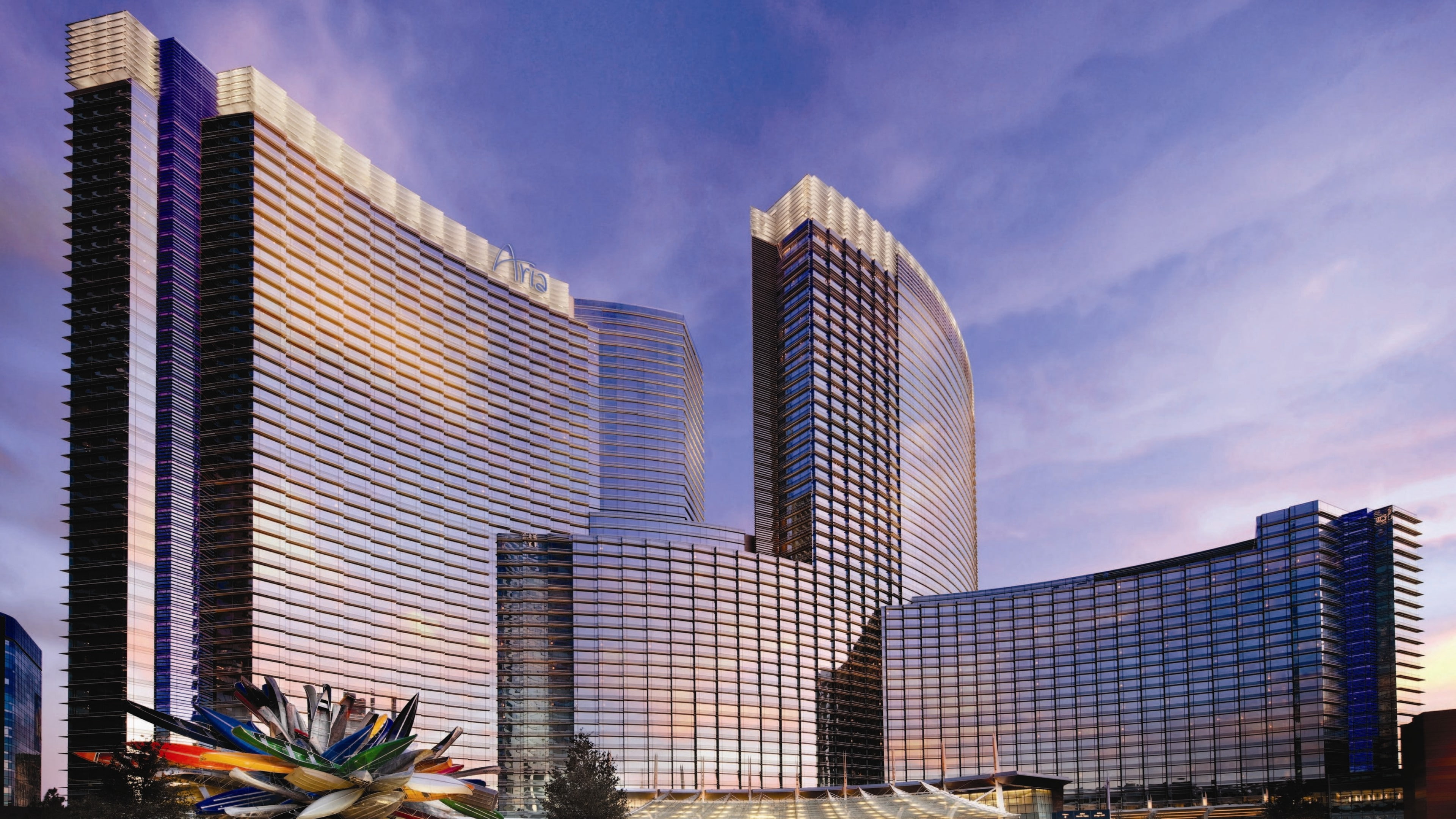 hotel, vacation, booking, city, ARIA, twilight, buildings, purple, travel, Nevada, sky, 4K, Usa, resort, clouds, photograph, Las Vegas, HD Wallpaper