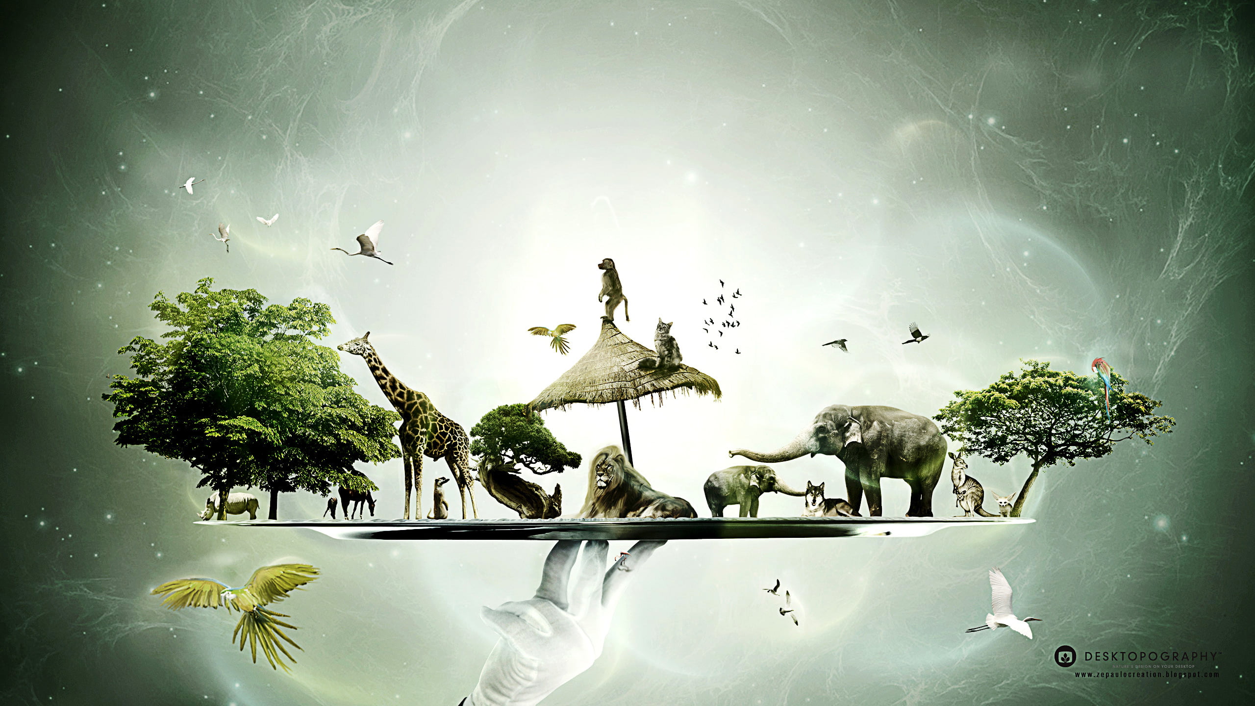 digital composite, Giraffe, built structure, landscape, architecture, statue, creativity, Elephant, sky, outdoors, art and craft, bird, wildlife, forest, HD Wallpaper