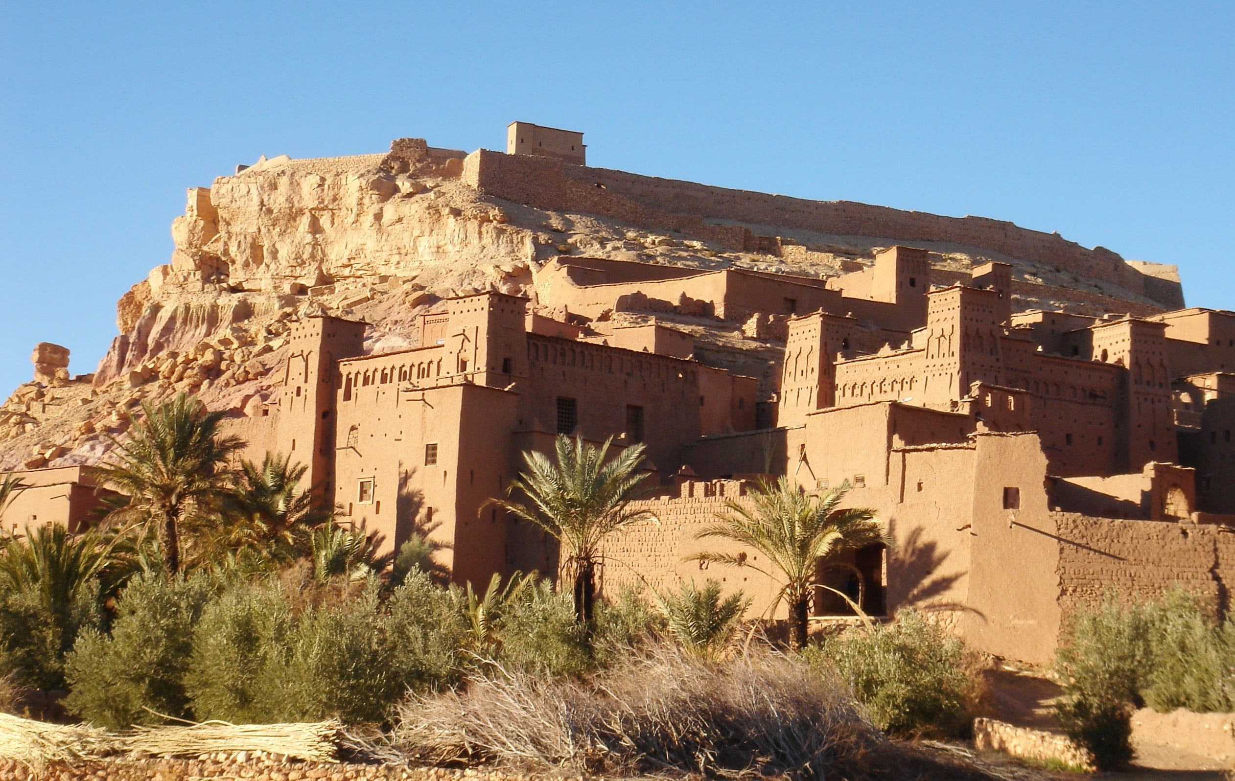 nature, plant, blue, ruins, clear sky, building exterior, travel destinations, sky, built structure, sunlight, landscape, ancient, outdoors, tree, ait ben haddou, HD Wallpaper
