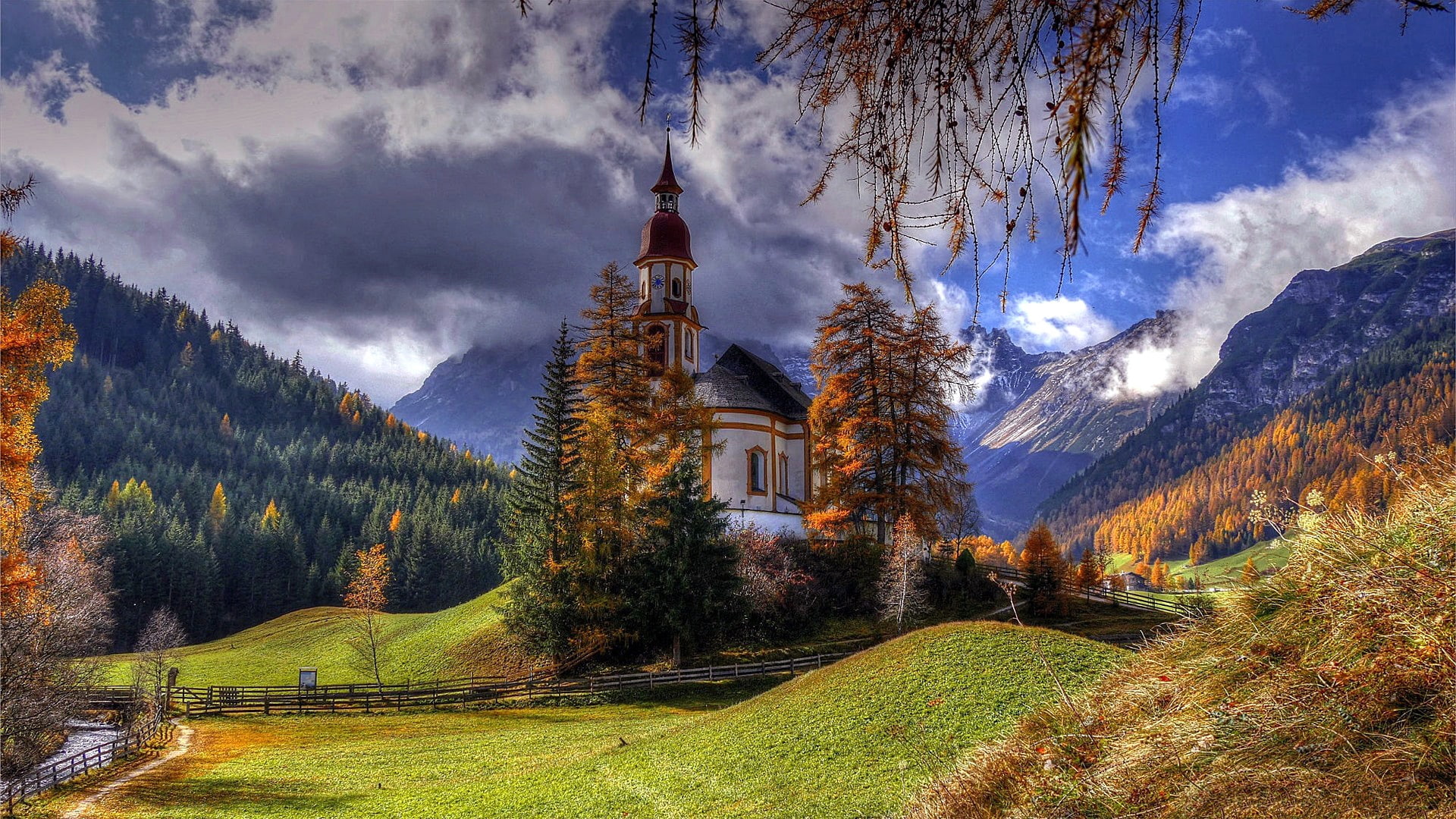 mountain village, church, mountain, mountain range, autumn, kirche st. nikolaus, landscape, tyrol, austria, 1080P, st. nikolaus church, europe, obernberg, HD Wallpaper