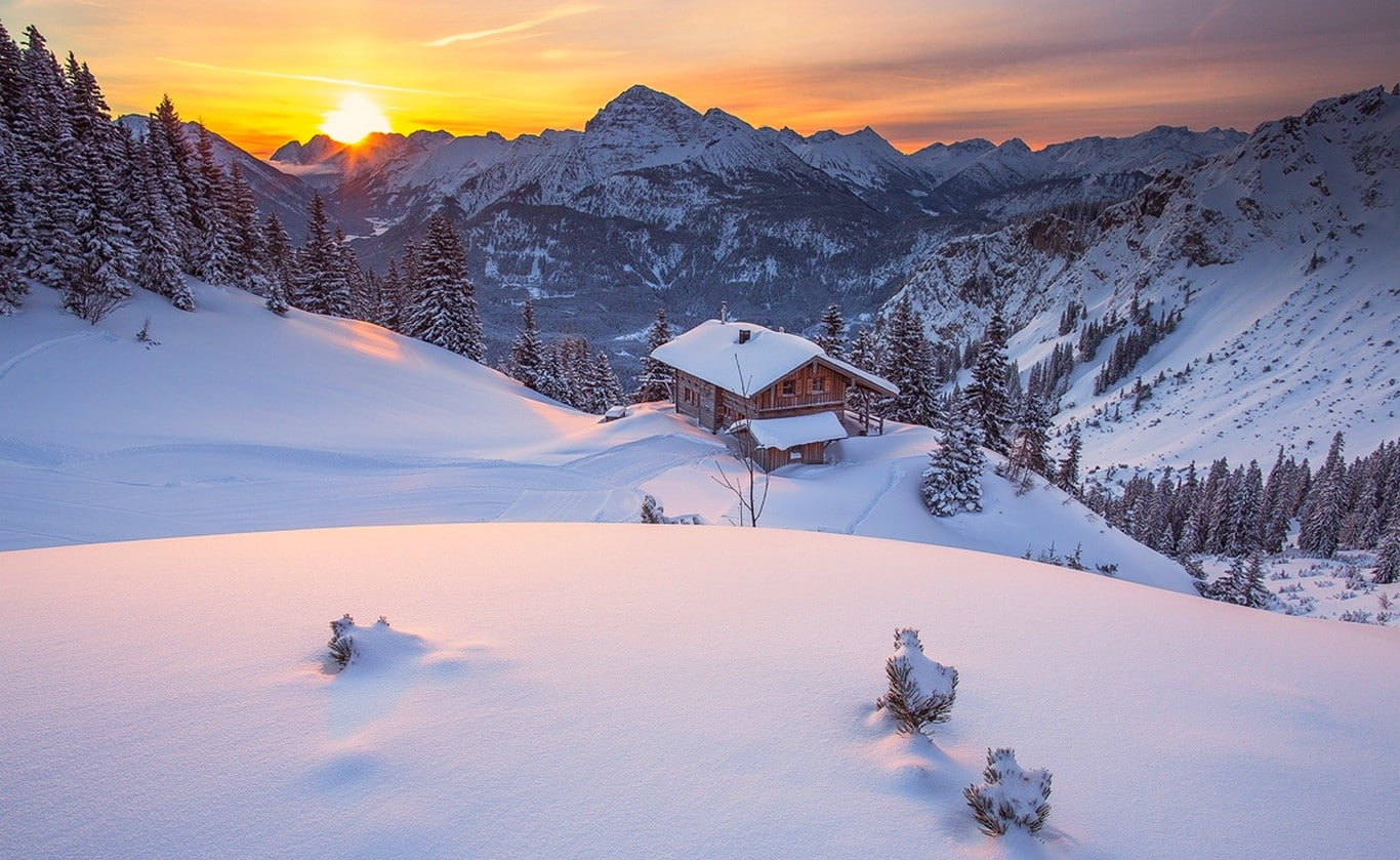 mountains, sky, pine trees, 720P, landscape, cabin, forest, nature, snow, winter, Tyrol, HD Wallpaper
