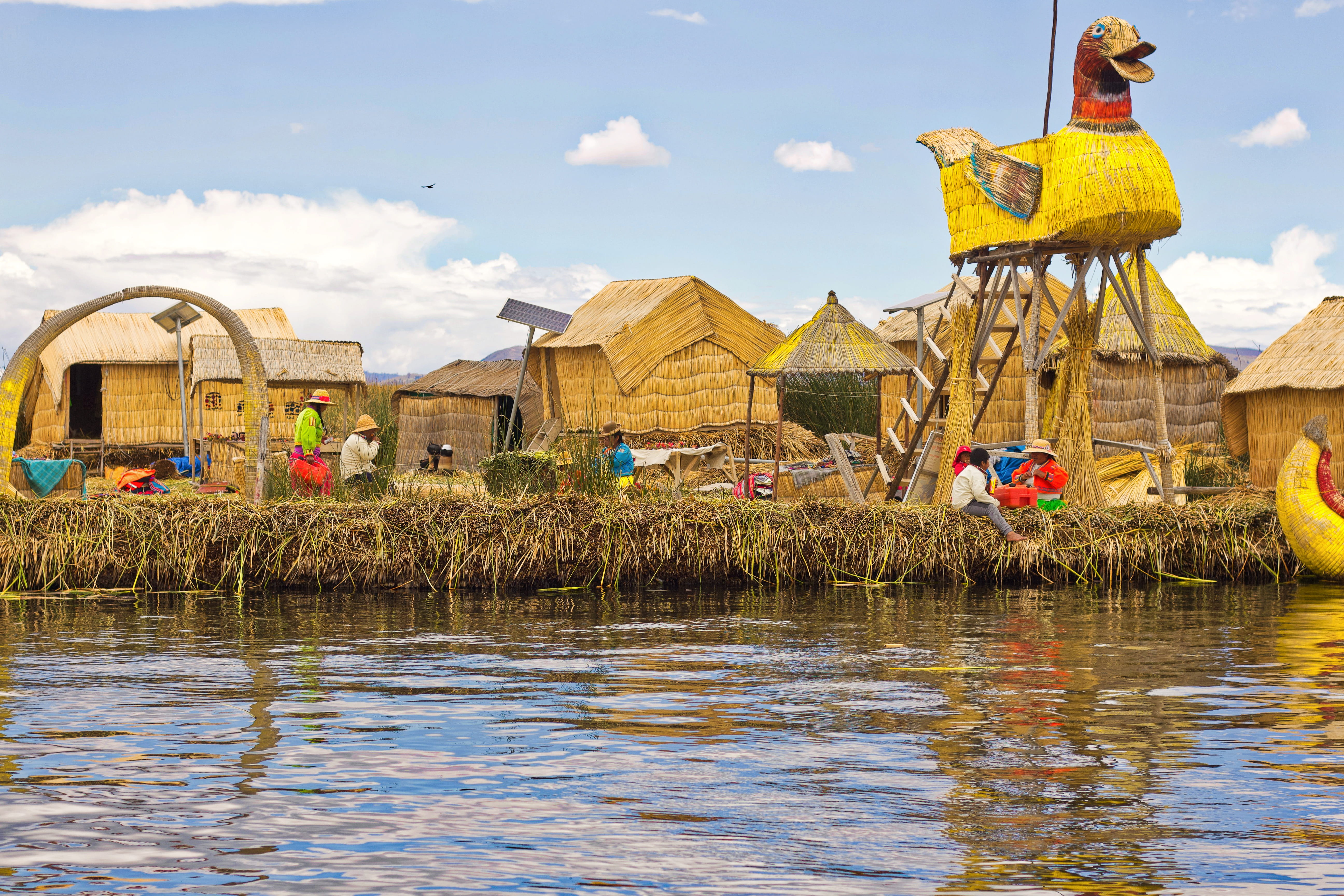 rural, brown, architecture, lake, sky, reflection, people, art and craft, human, peru, 5K, titicaca lake, culture, puno, built structure, person, hut, HD Wallpaper