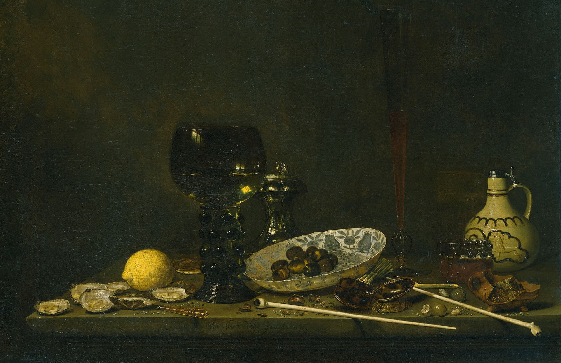 1080P, Jan Jans van de Velde III, Still life with Goblet Flute Cruse, and Pipes, picture, canvas, HD Wallpaper