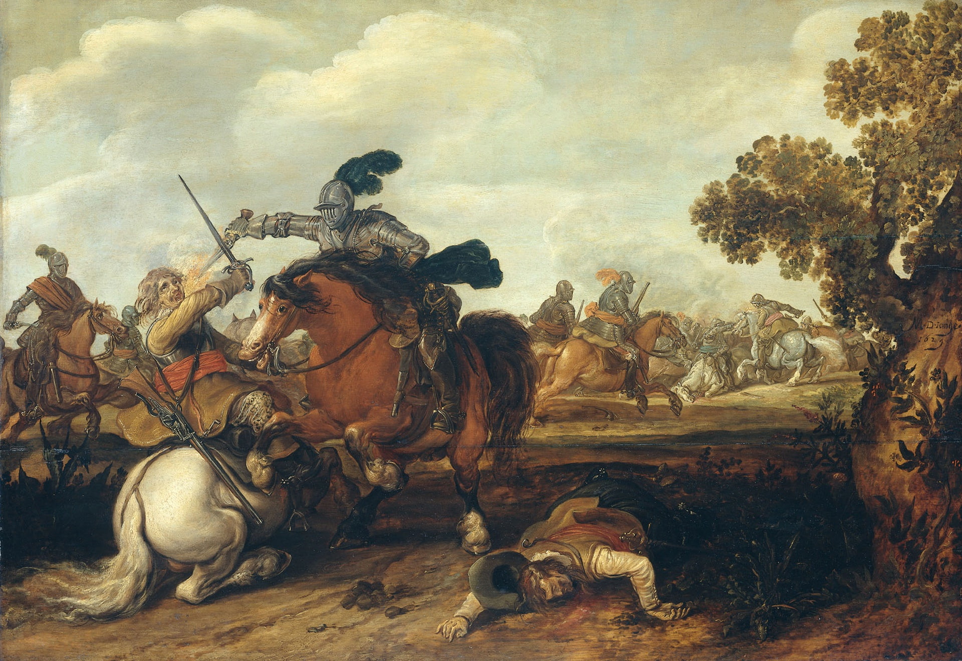 Jan Martszen de Jonge, tree, 1080P, Kavaleriiskaya Battle, picture, battle, oil, HD Wallpaper