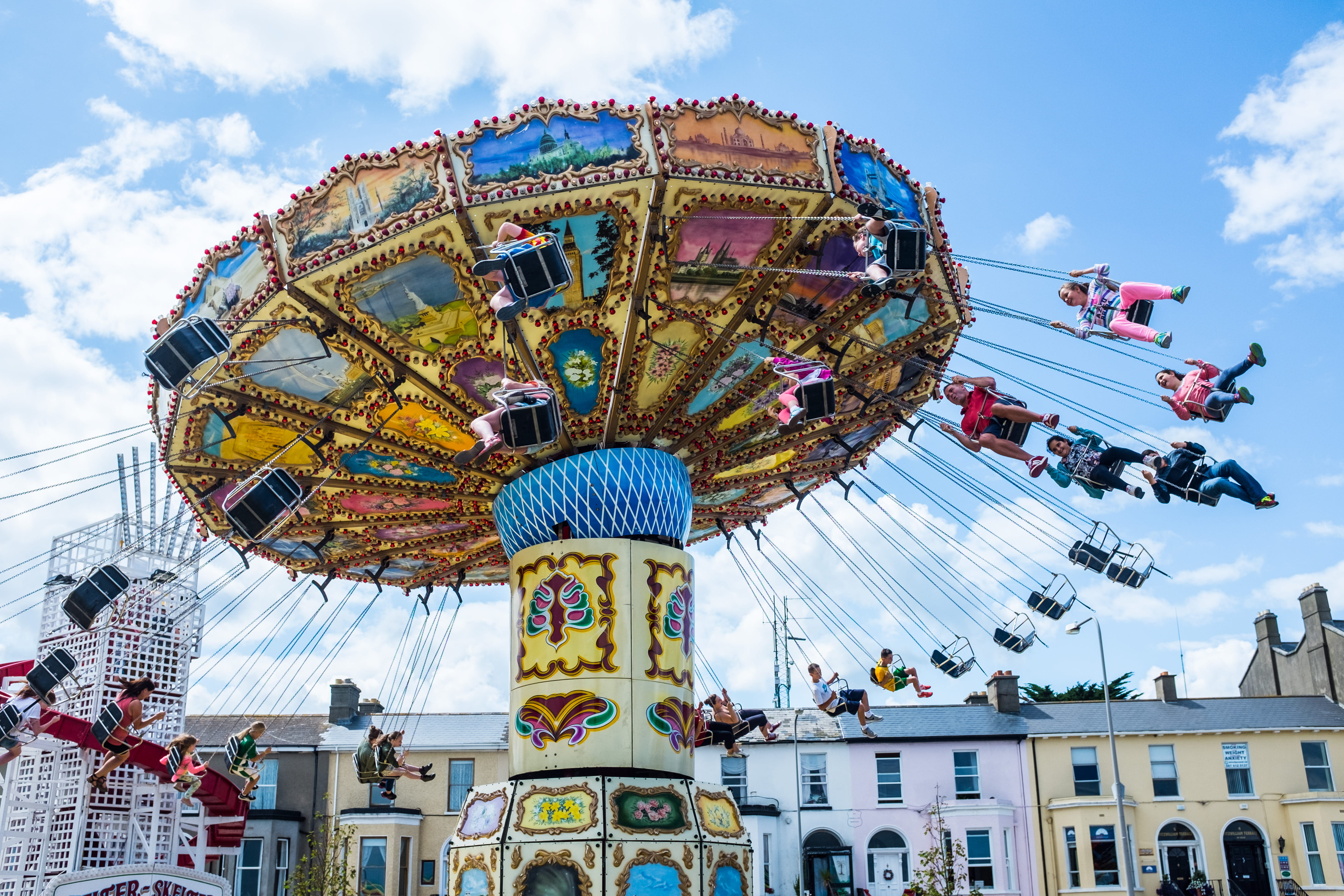 park, group of people, architecture, day, real people, fairground, enjoyment, ireland, amusement park ride, carousel, cloud - sky, ride, merry-go-round, HD Wallpaper