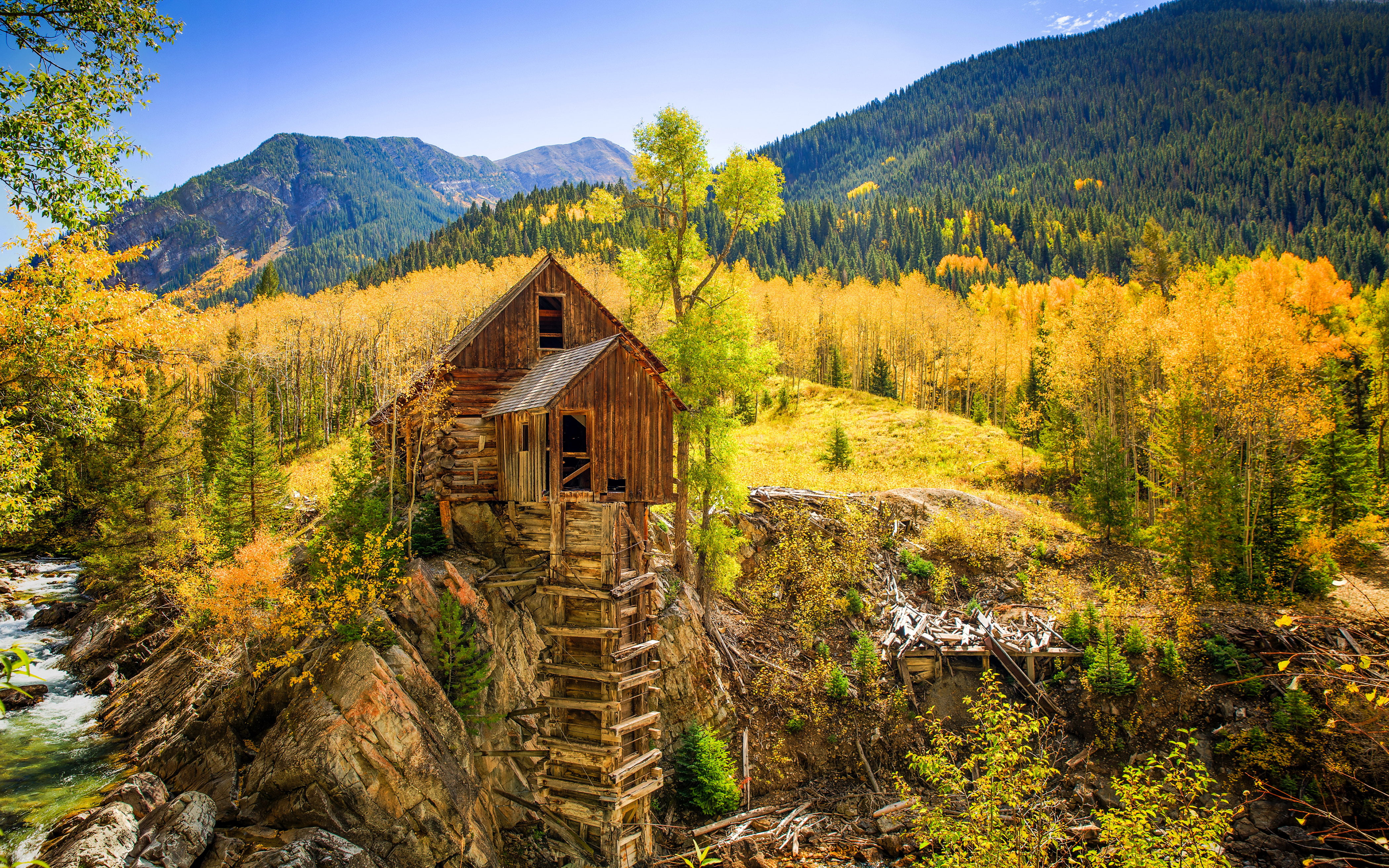 golden, mountains, trees, yellow, b, scenics - nature, us, d, pine, growth, no people, cabin, wooden, idyllic, cottage, 4K, tranquil scene, HD Wallpaper
