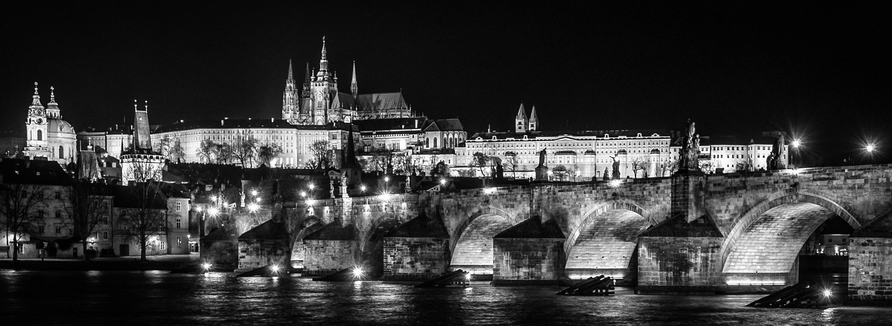 Landscape, vysehrad, Travel, river, Dark, blackandwhite, czechrepublic, CharlesBridge, no people, Town, Europe, transportation, Black, building, Night, HD Wallpaper