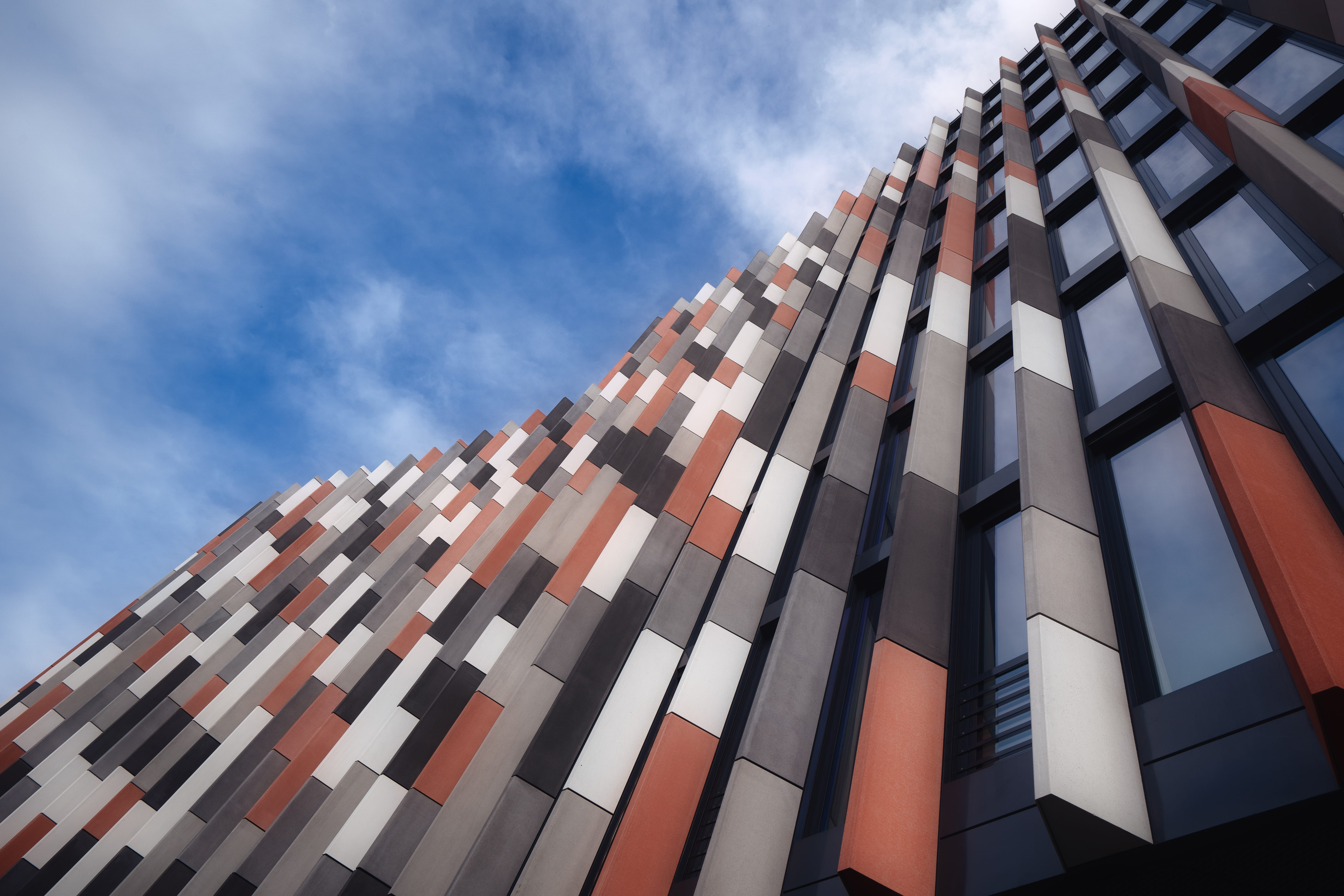 low, glass - material, praga, architecture, city, day, striped, photography, neighborhood, window, town, prag, 5K, modern, office, built structure, azure sky, HD Wallpaper
