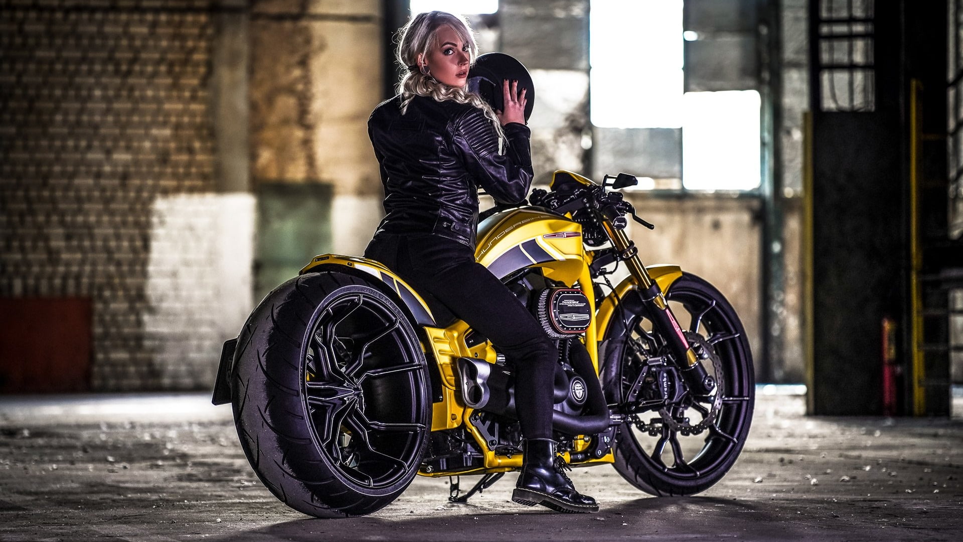 curly hair, long hair, black clothing, garages, helmet, looking over shoulder, women with motorcycles, women with bikes, sitting, Doc Martens, custom, motorcycle, HD Wallpaper