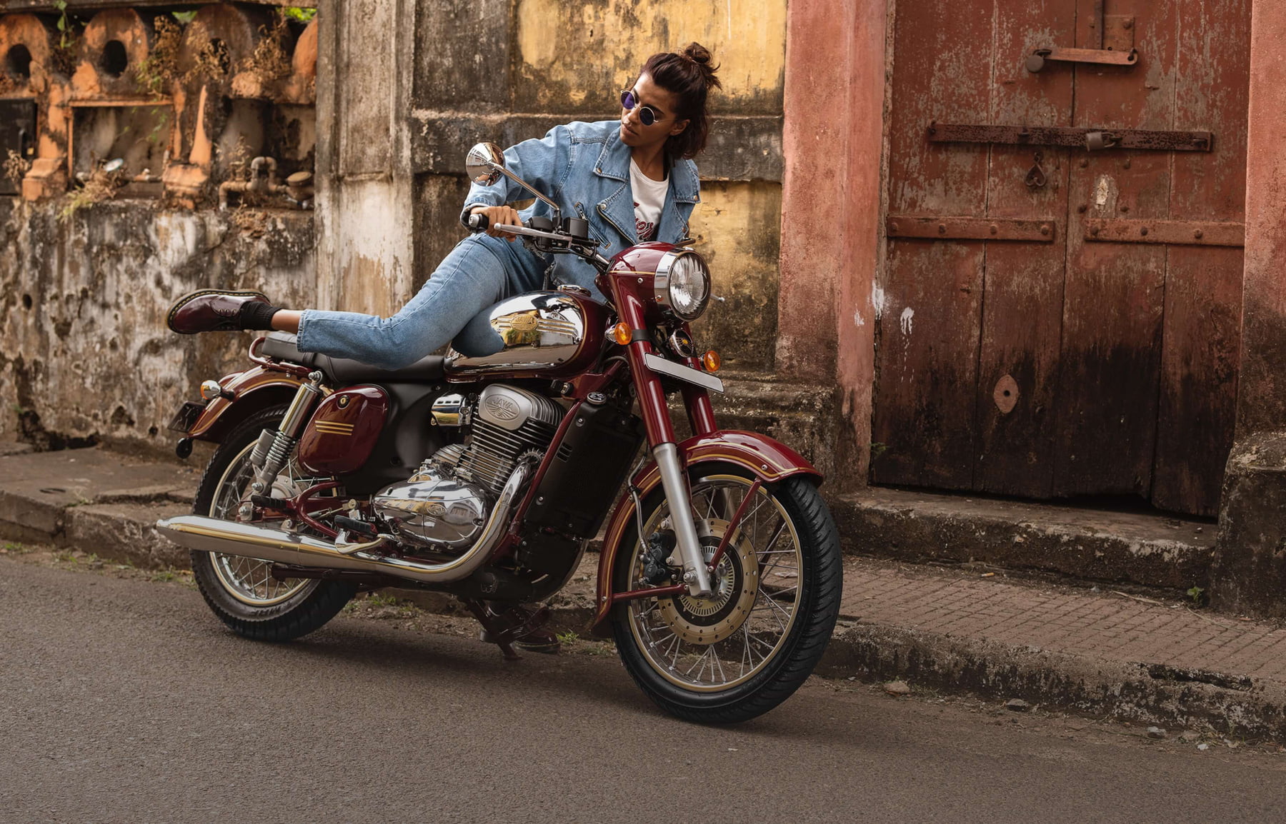 Jawa, women with motorcycles, jeans, motorcycle, women outdoors, street, women, long hair, sunglasses, model, jean jacket, women with shades, chopper, women with bikes, HD Wallpaper