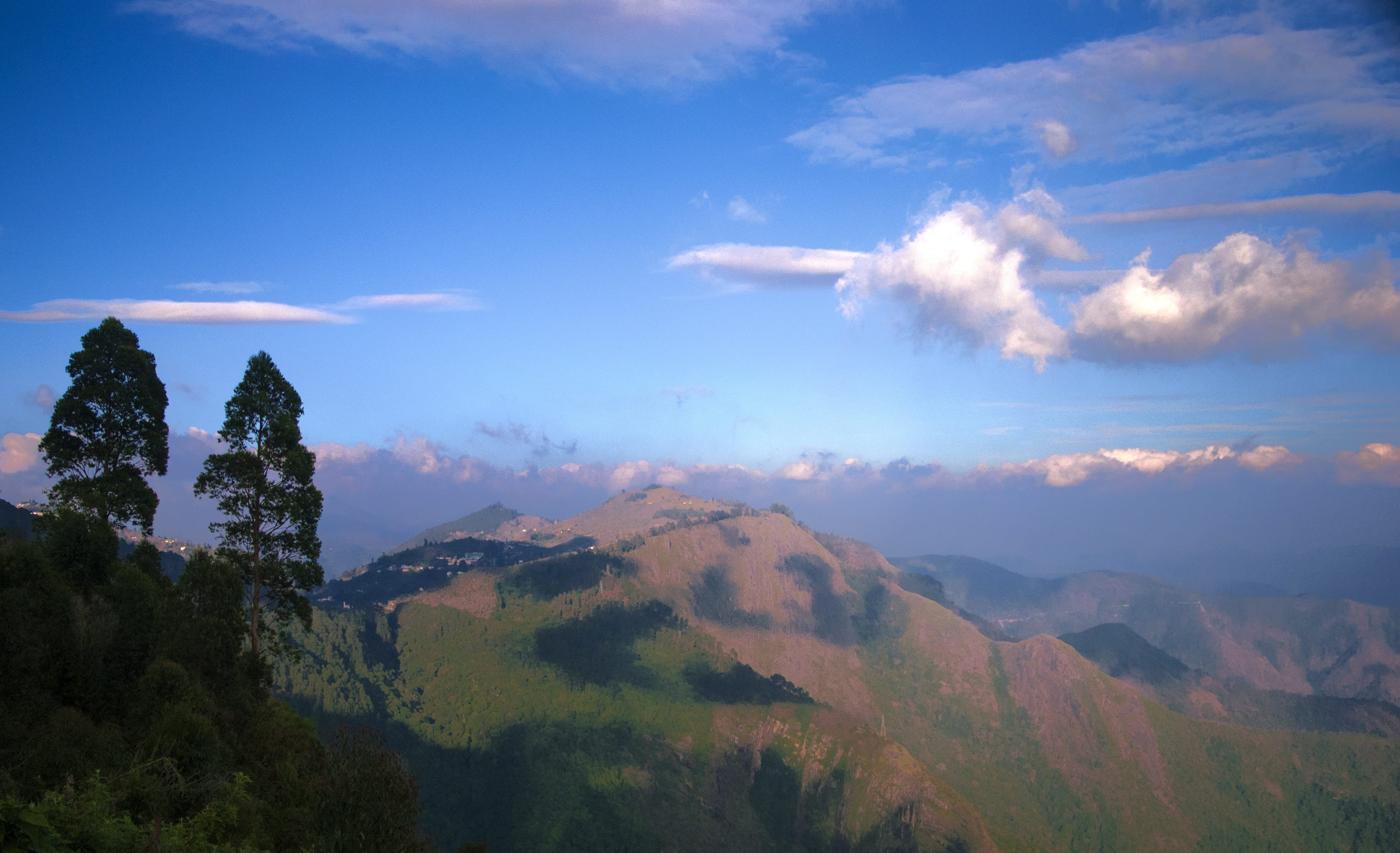 cloudscape, land, pine, mountain Range, 2K, tourist, sunrise, Nature, holiday, hill, sport, pine tree, plant, light, travel, cloud, terrain, hiking, tranquility, HD Wallpaper