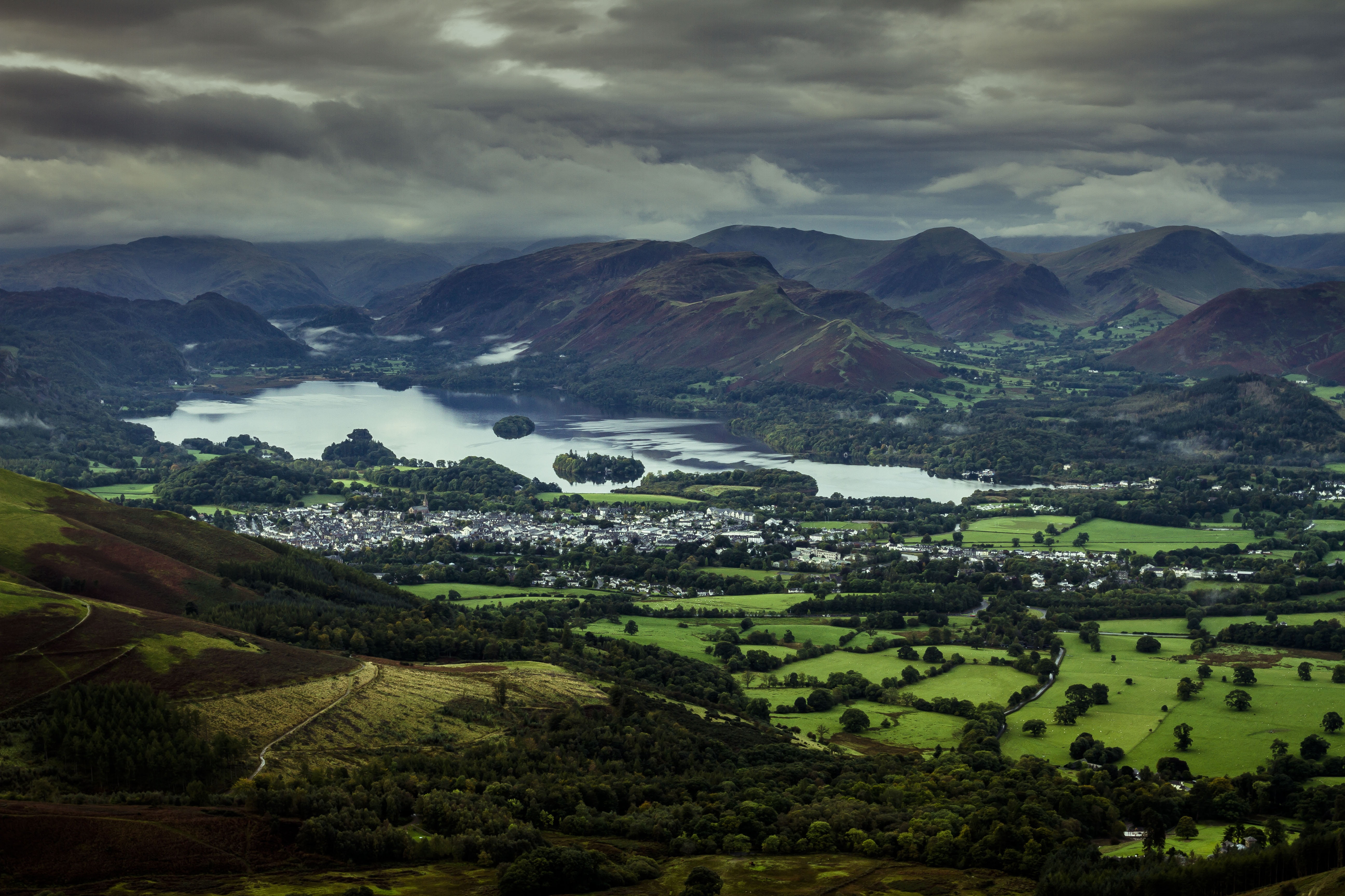 city, aerial, hill, cumbria, view, no people, agriculture, mountain range, lake, uk, summer, green Color, scenery, outdoors, mountain, lake district, rural Scene, HD Wallpaper