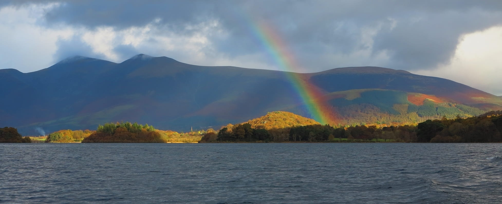 rainbow, tranquility, britain, land, cumbria, rain, 1080P, day, cloud - sky, sky, outdoors, scenics - nature, colour, no people, district, trees, hills, HD Wallpaper