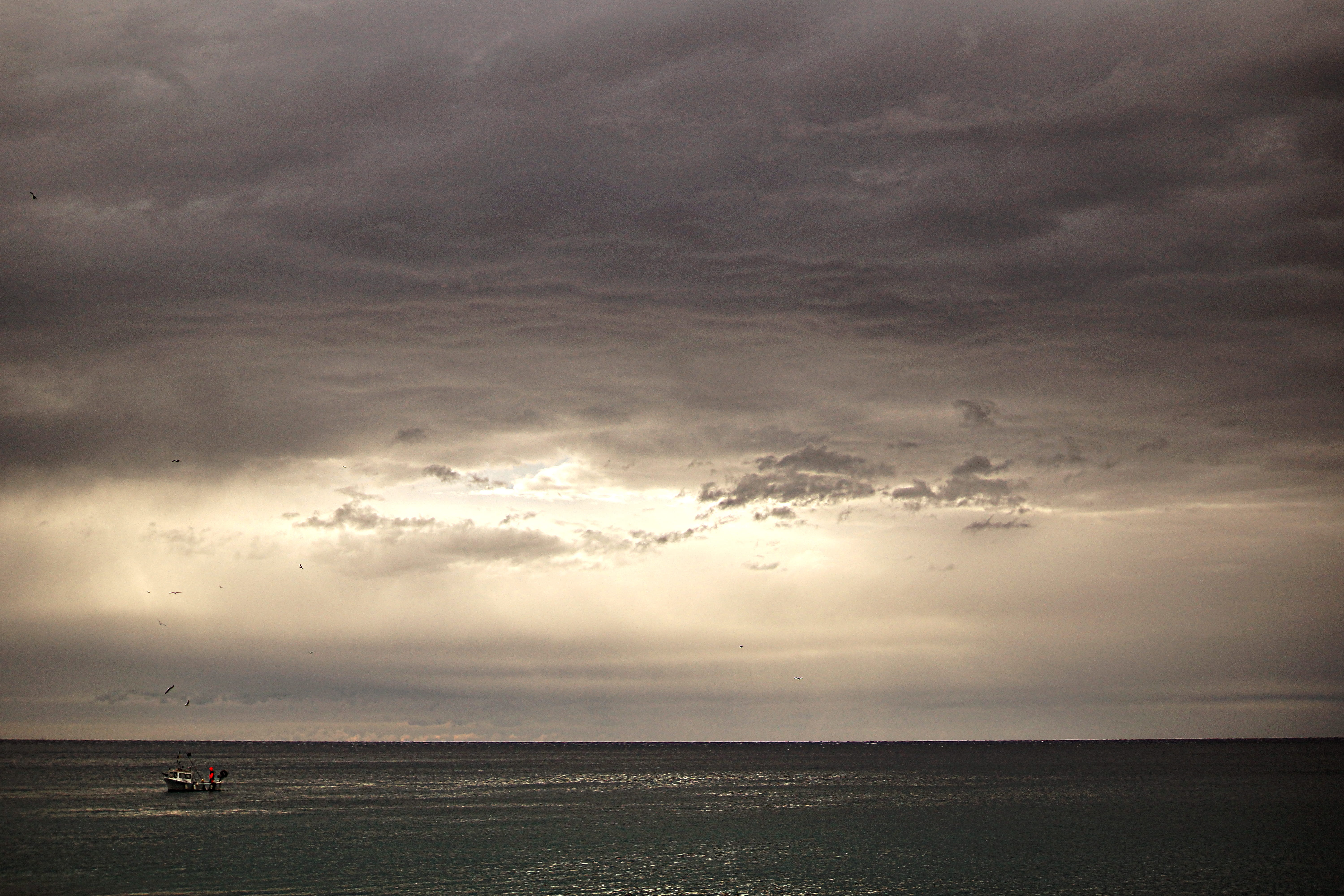 water, tranquility, travel, dusk, dramatic sky, horizon over water, horizon, tranquil scene, beauty in nature, scenics - nature, outdoors, boat, storm cloud, HD Wallpaper