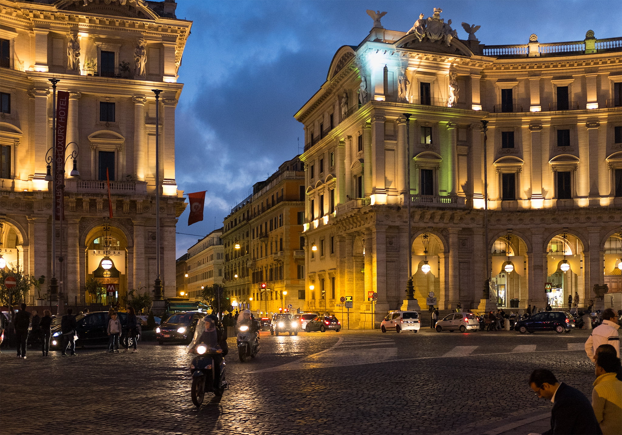 street, Repubblica, Piazza, buildings, blue hour, illuminated, europe, outdoors, architecture, Rome  Italy, walking, famous Place, night, people, 1080P, HD Wallpaper