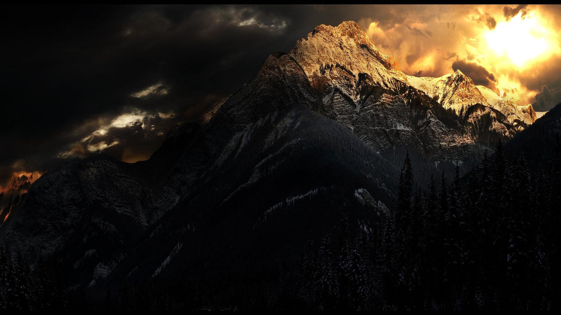 sunset, trees, breathtaking, 1080P, dark, clouds, beauty, green, mountain, scene, forest, 3d and abstr, dusk, photography, HD Wallpaper