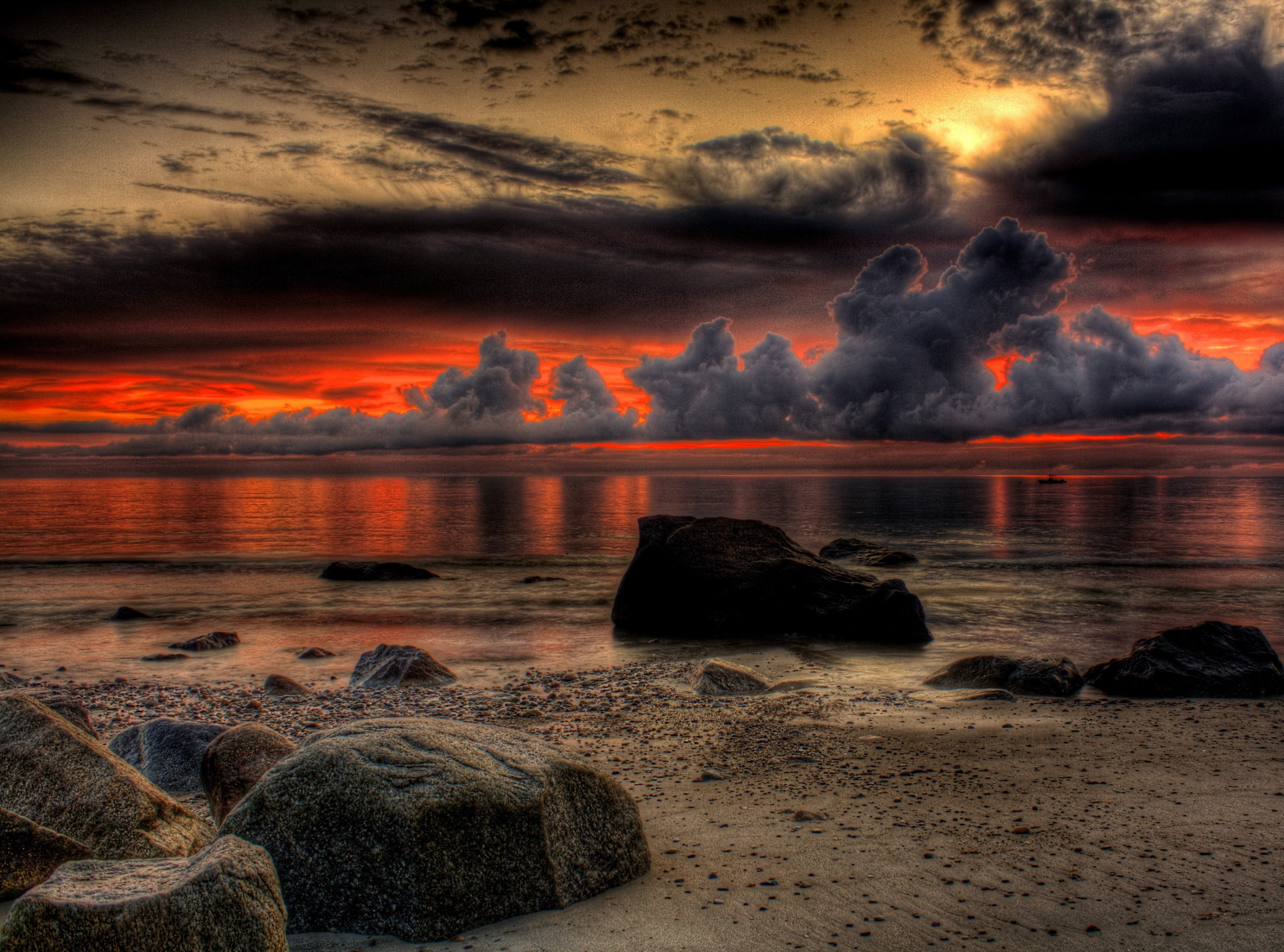 Dramatic, Sunset, Nature, cloud - sky, power in nature, motion, sky, tranquility, beauty in nature, water, Breathtaking, rock - object, illustration, sea, HD Wallpaper