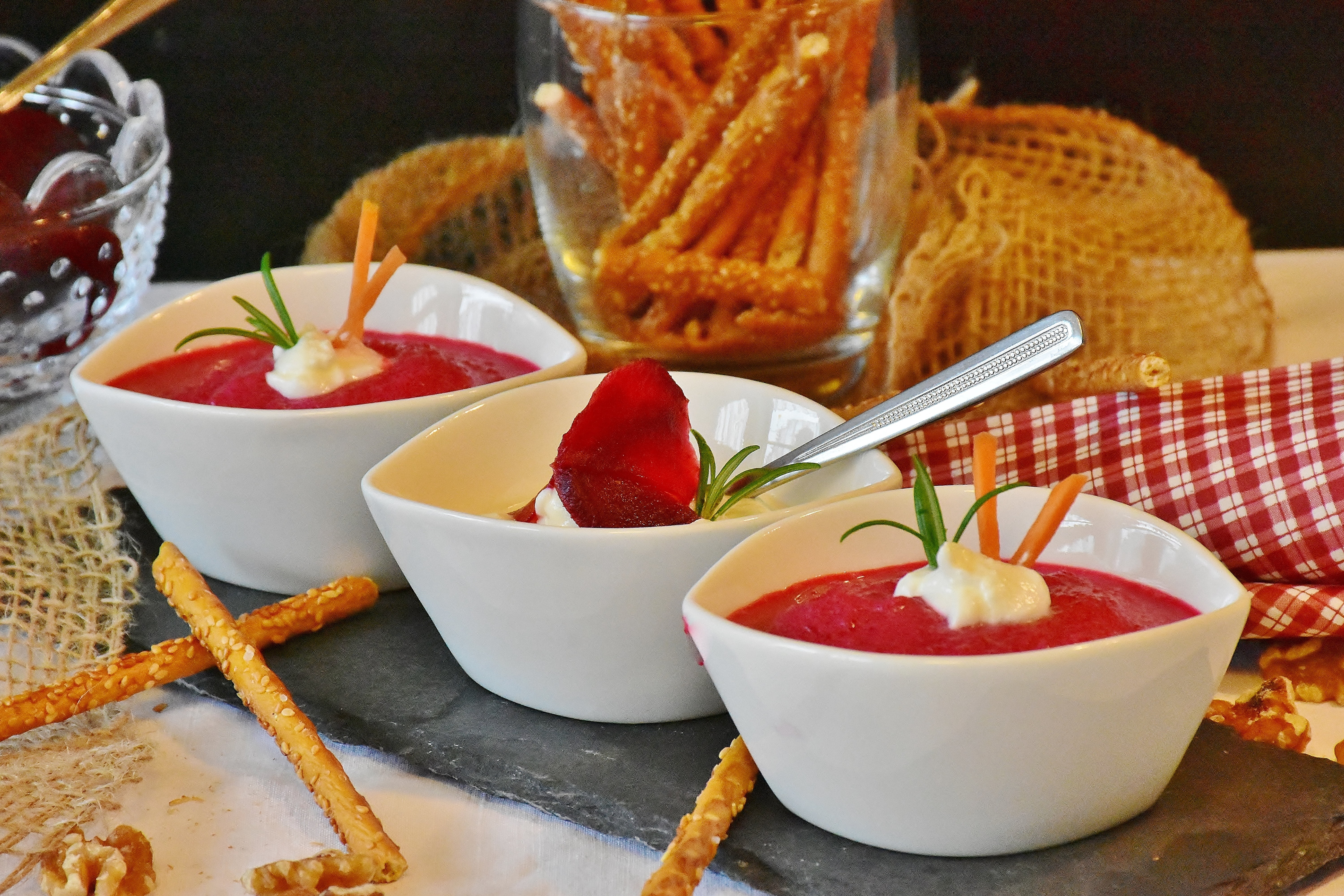 starter, red, bowl, kitchen, three, feed, cream, vegetarian, italian food, spoon, dip, nutrition, eat, kitchen utensil, table, vegetables, bowls, ready-to-eat, HD Wallpaper